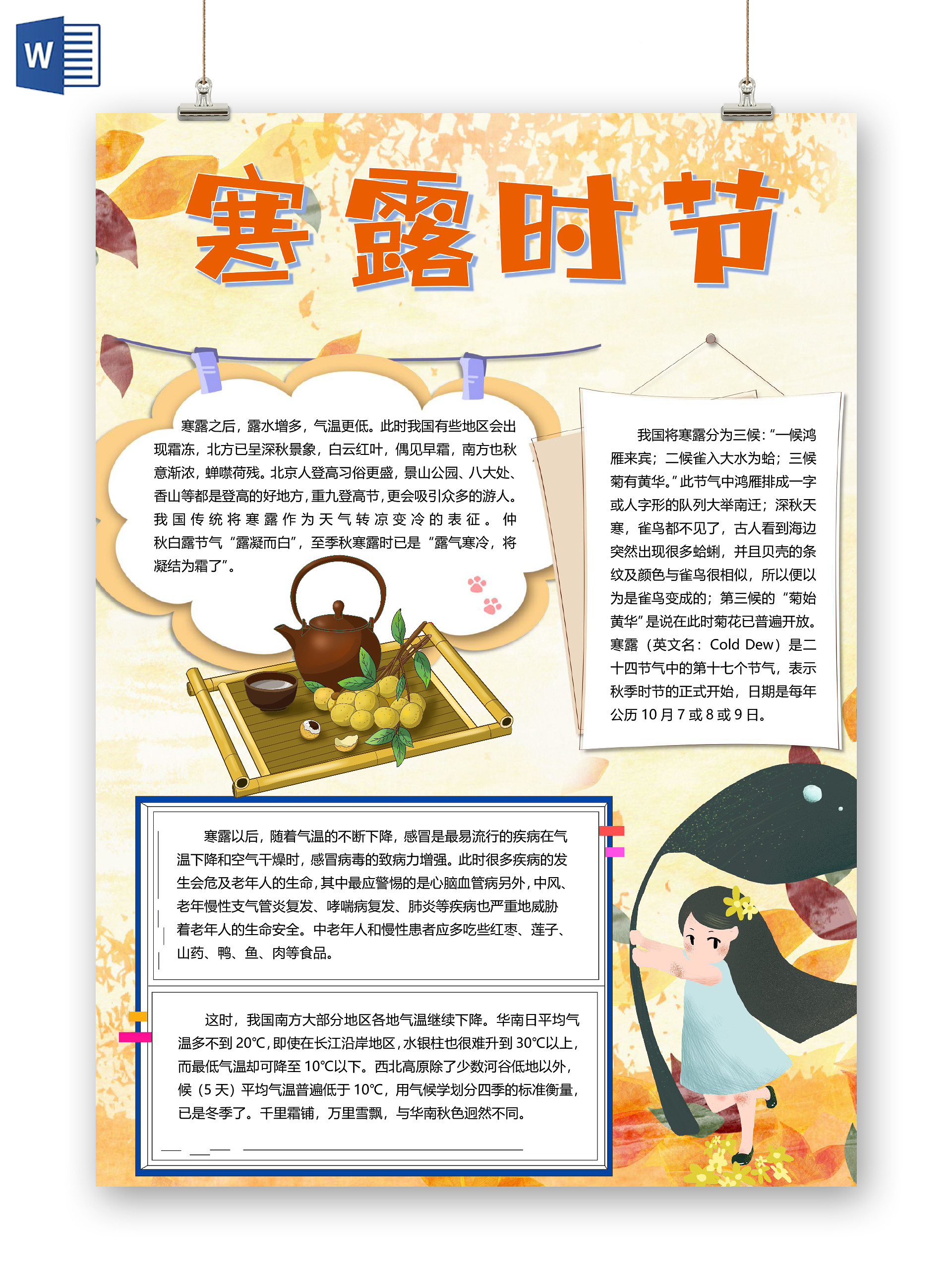 卡通二十四节气寒露节气食物棉絮秋季气候特征小报