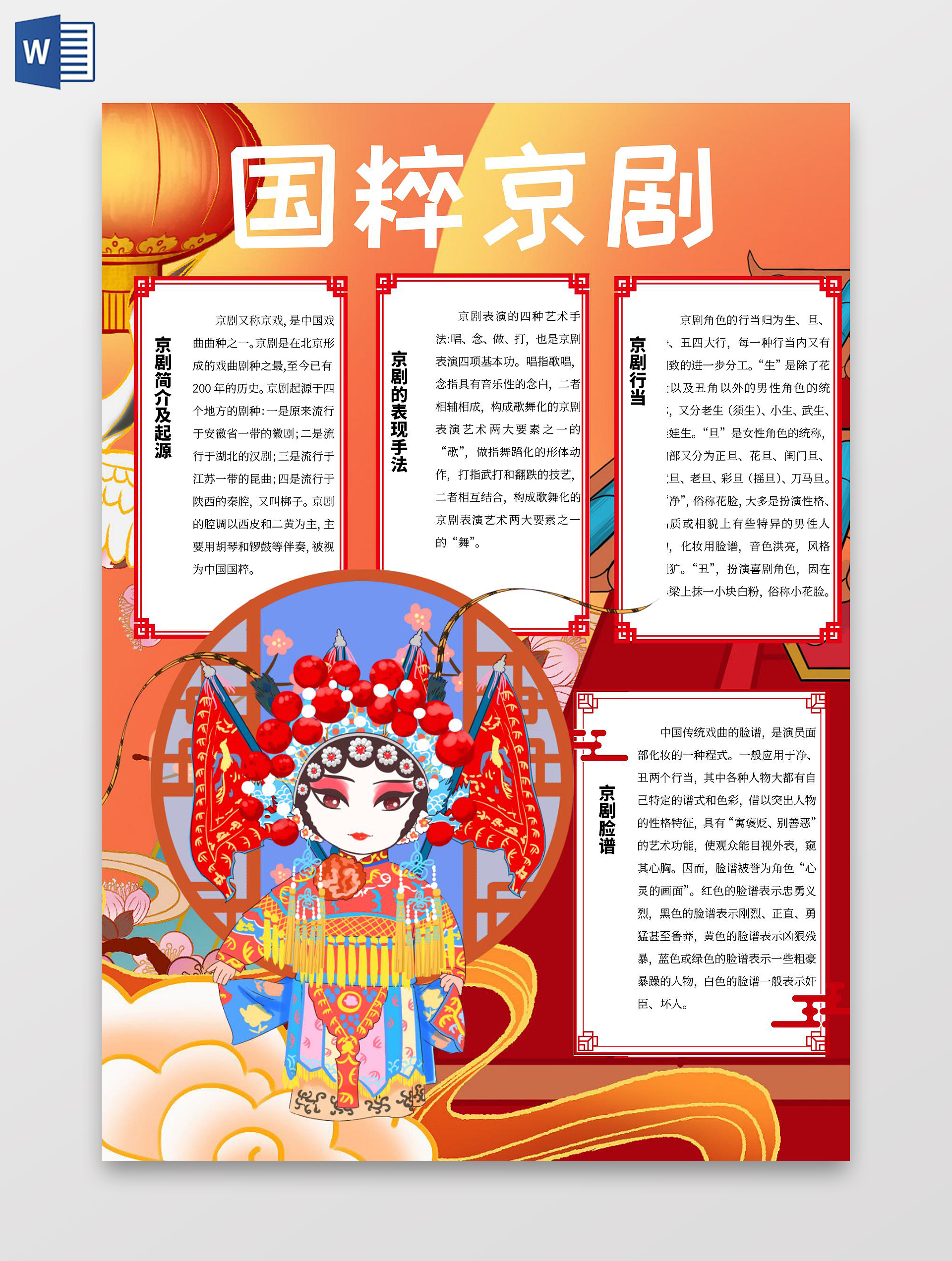 卡通竖版国粹京剧电子小报手抄报戏曲