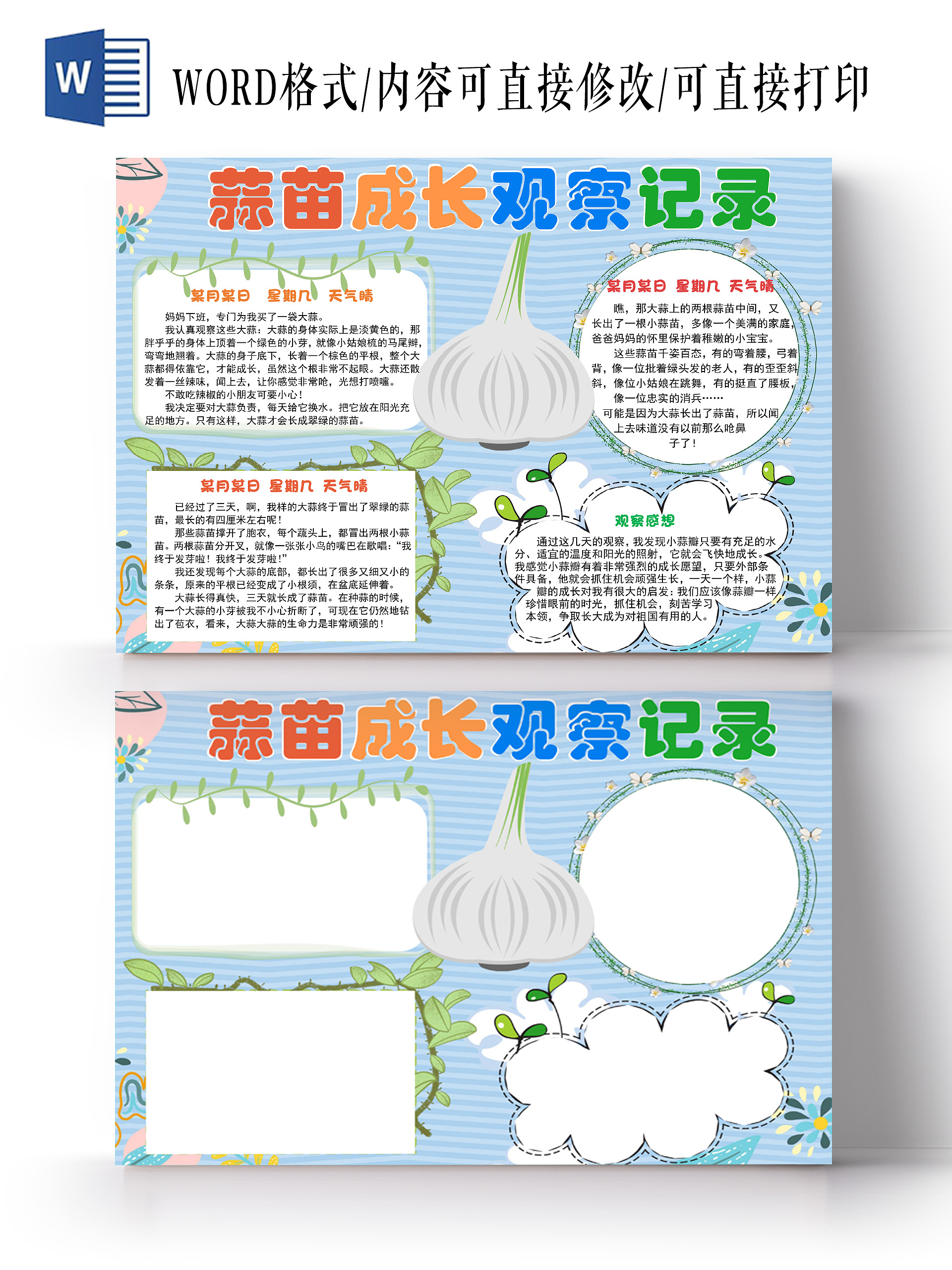 蓝色简约卡通蒜苗成长观察记录手抄报word文档模板