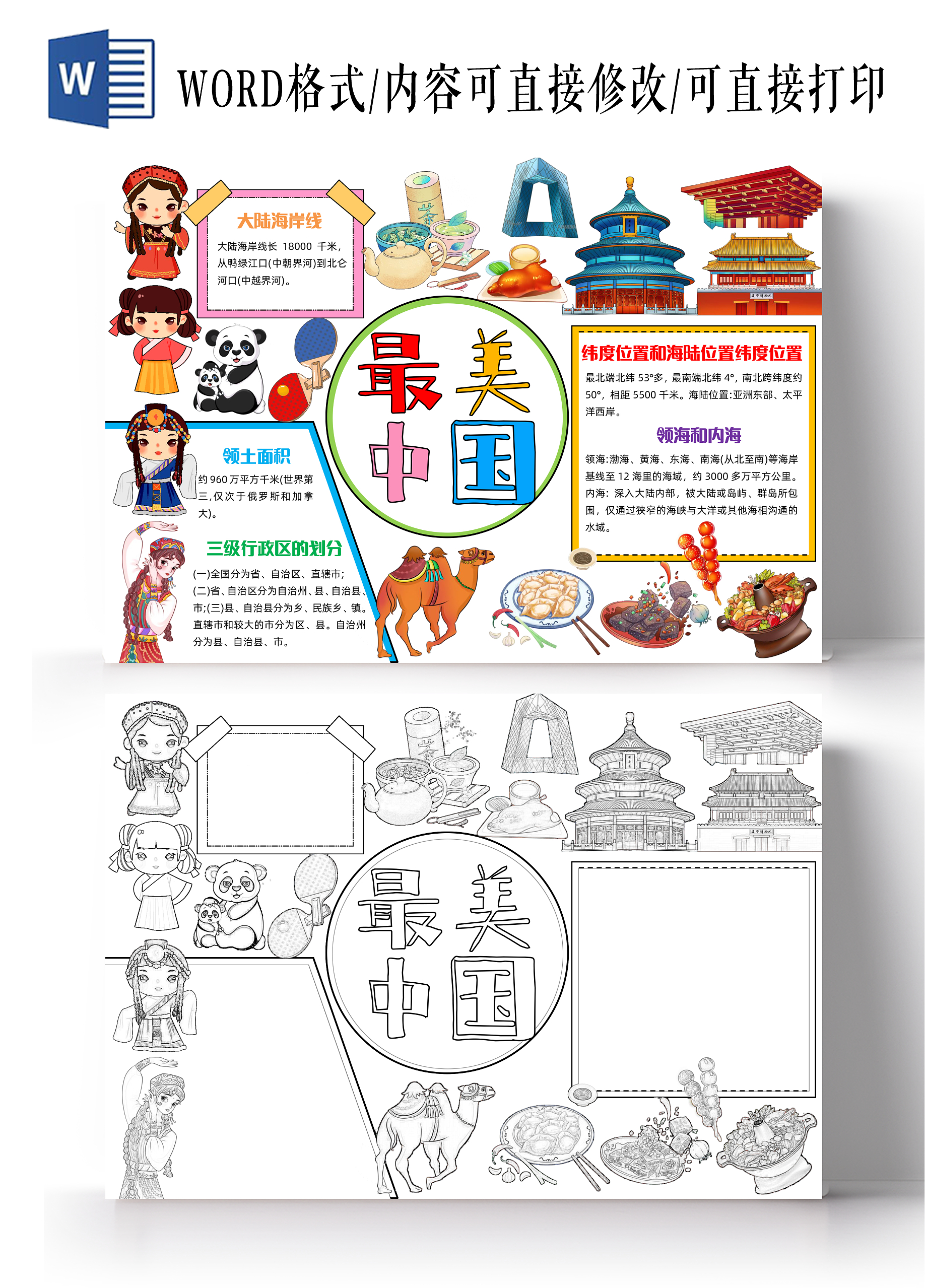 彩色手绘最美中国手绘小报手抄报小学生手抄报地理