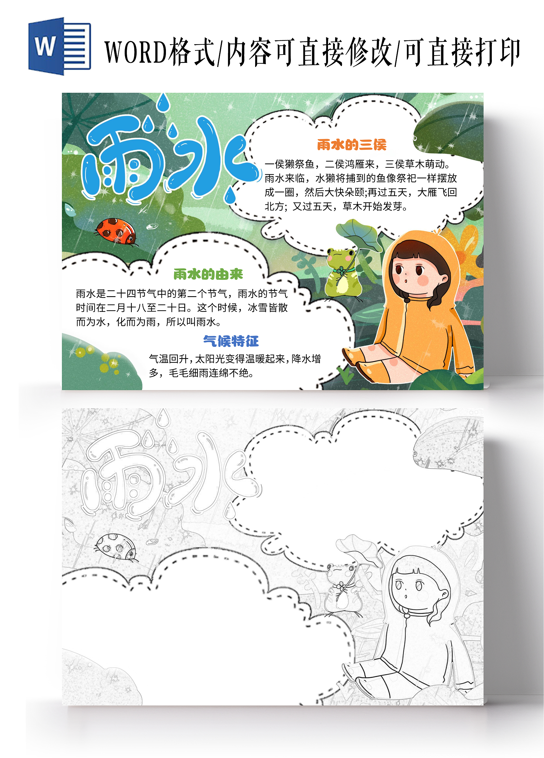 绿色手绘雨水节气小报手抄报二十四节气