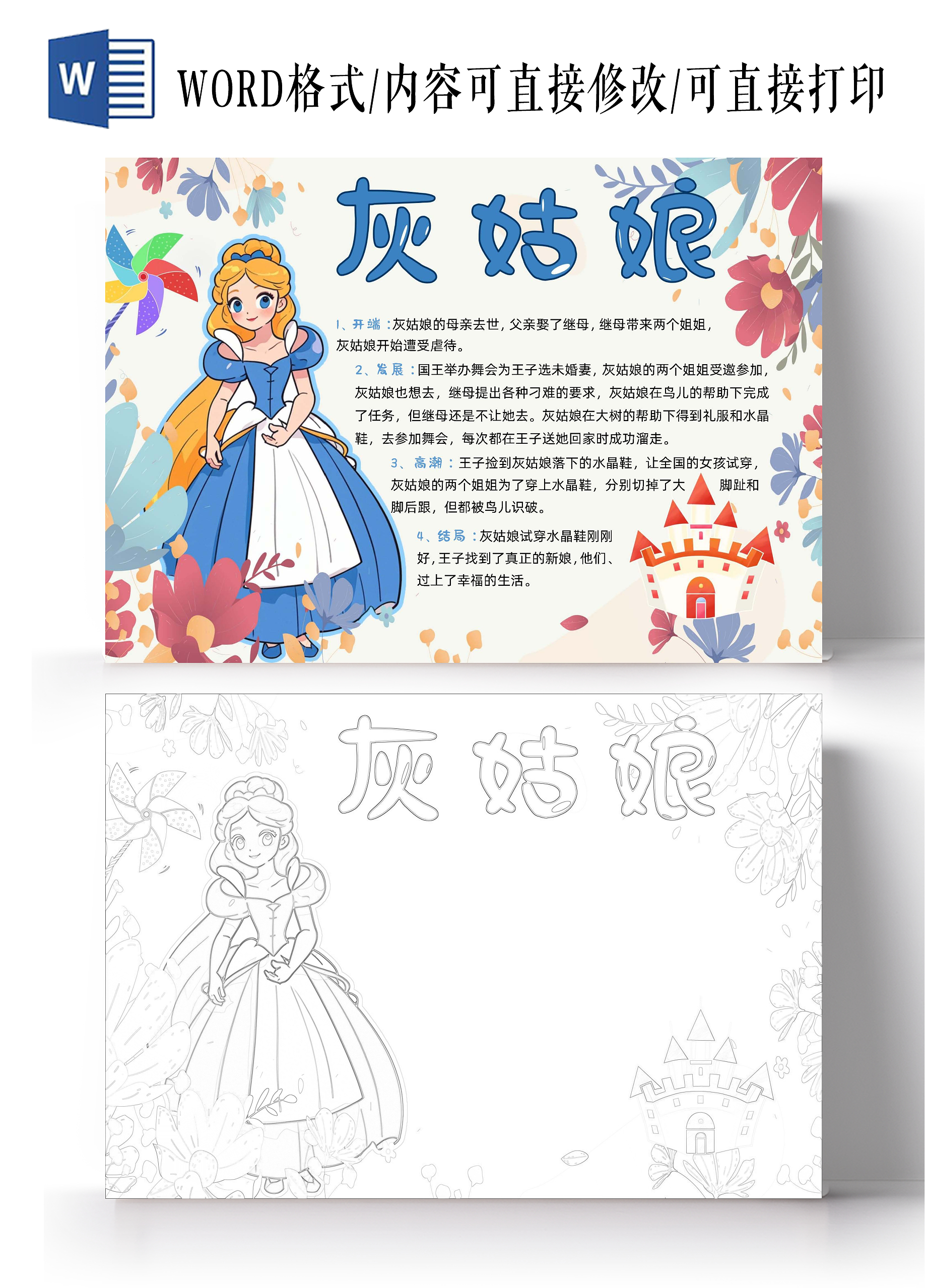 阅读蓝红色卡通手绘小清新好书推荐卡通书小报灰姑娘手抄报格林童话