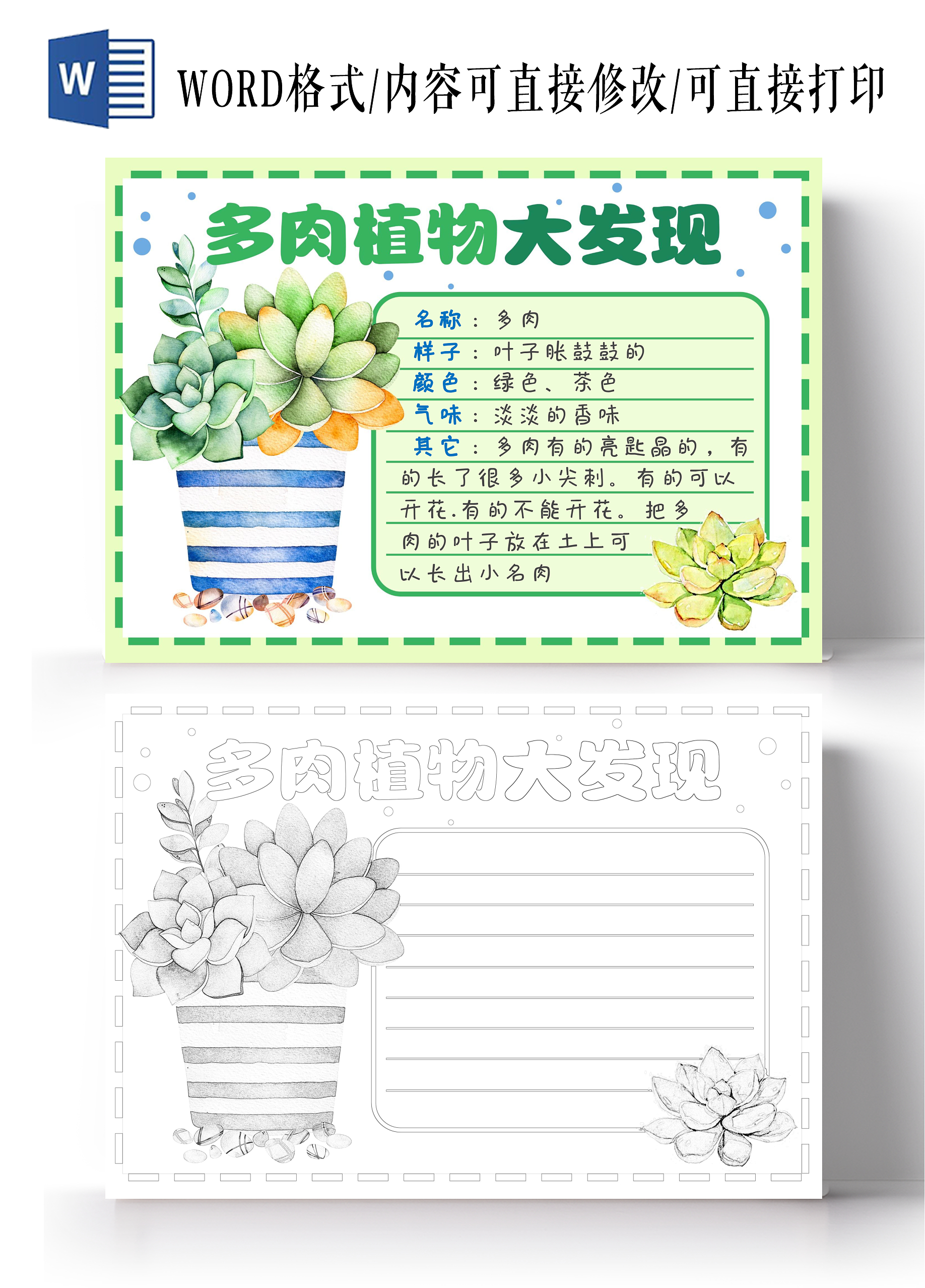 绿色手绘多肉植物大发现植物记录卡手绘小报手抄报植树节