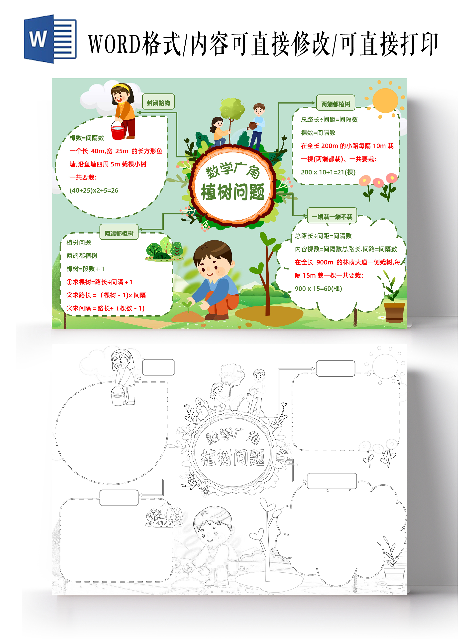 绿色小清新植树节种树浇花横版312植树节小报手抄报