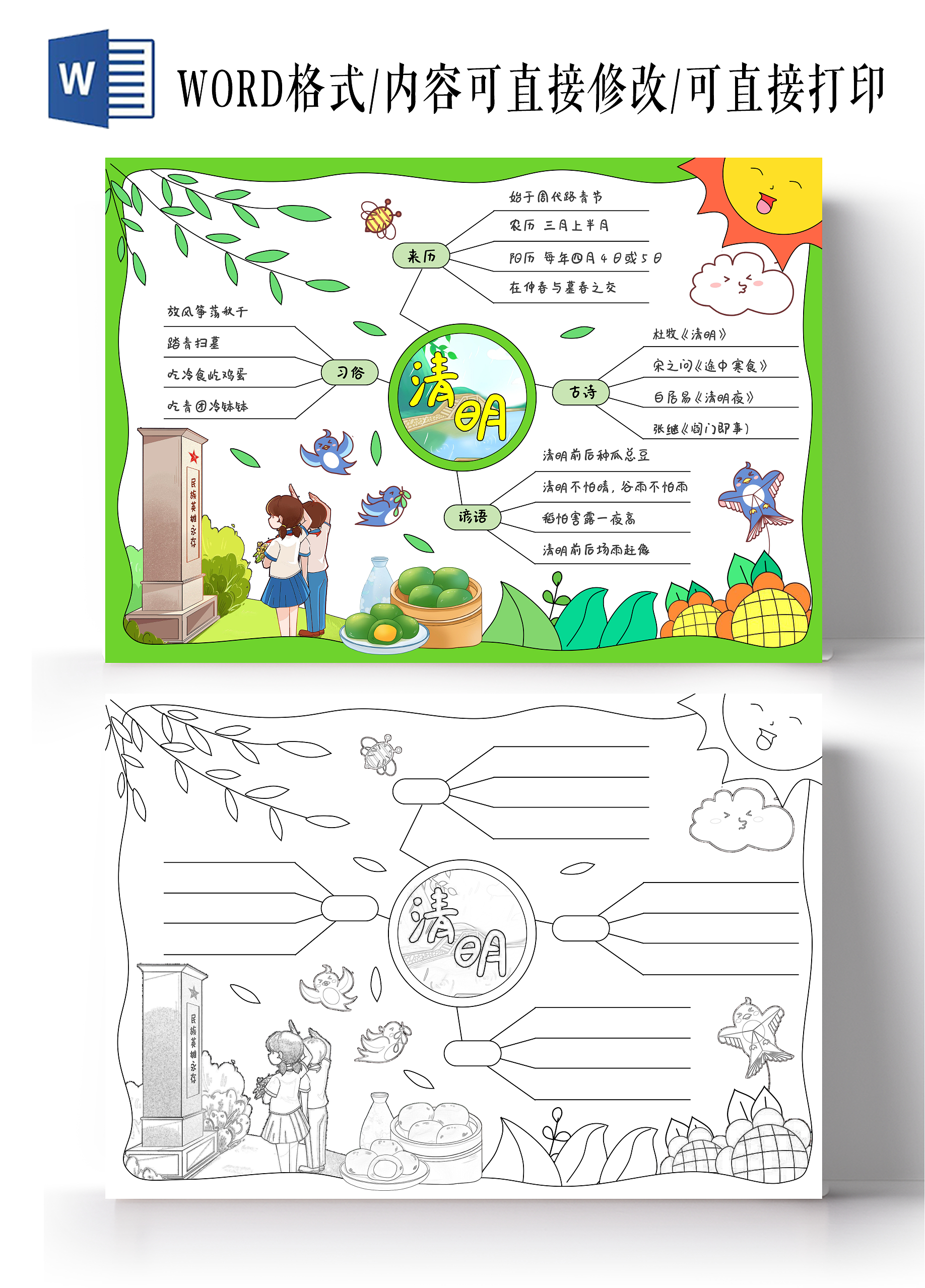绿色卡通手绘小清新清明节思维导图小报手抄报