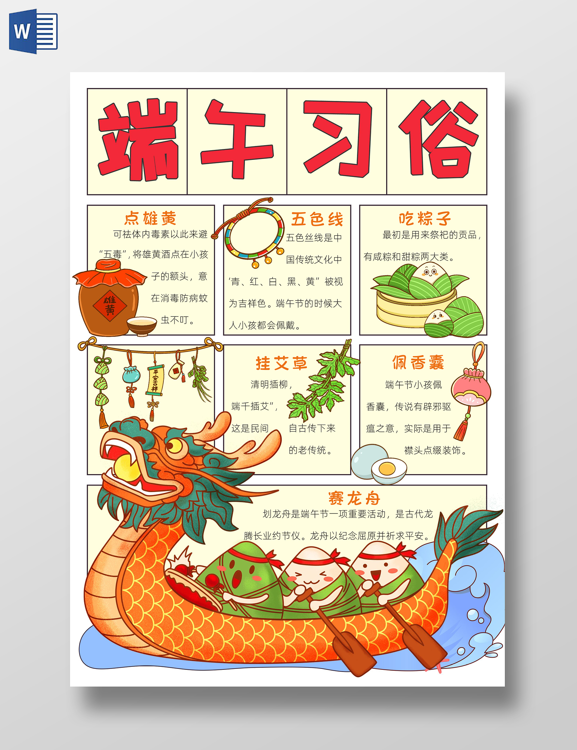 黄色卡通端午习俗小报卡通小报手抄报端午节