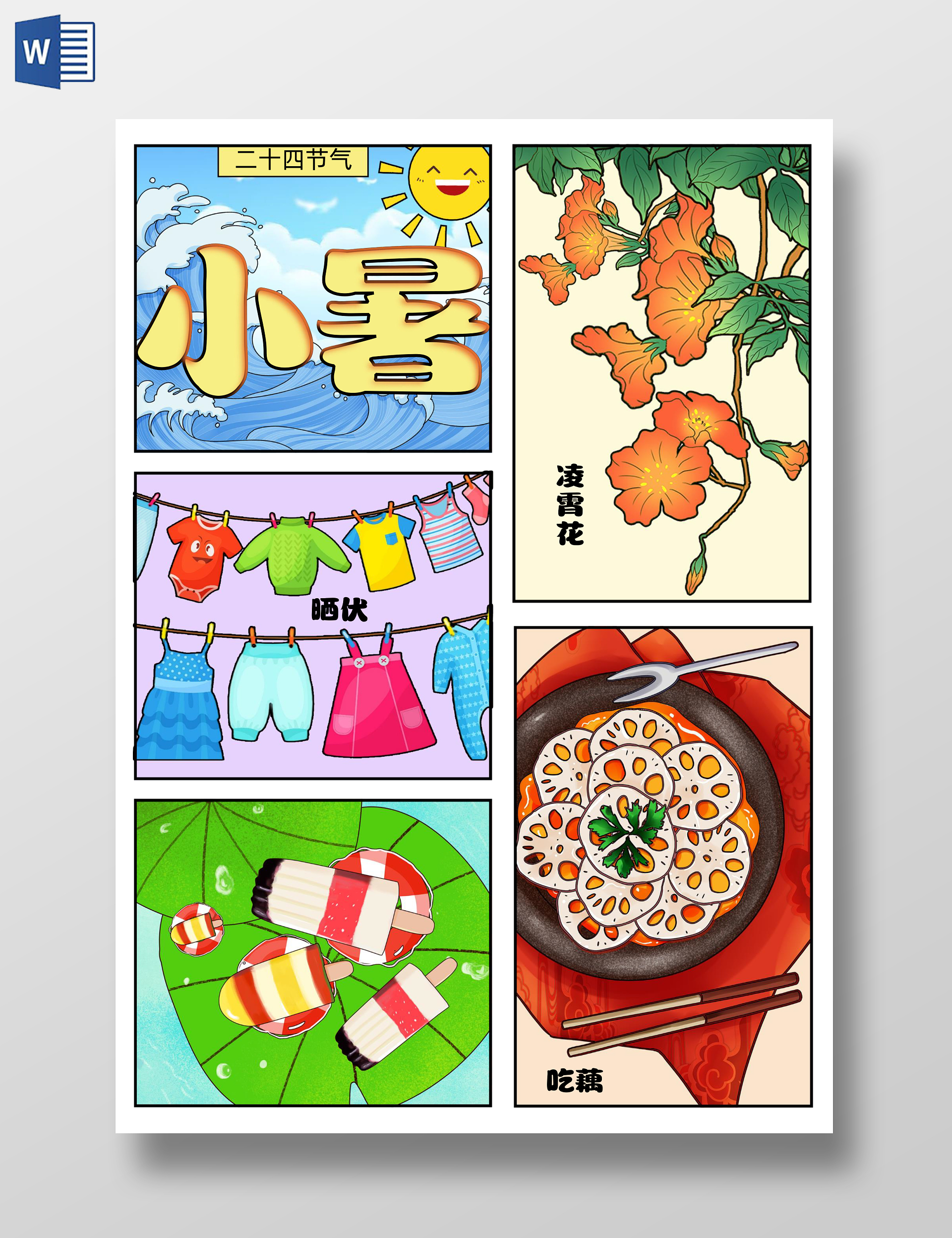 蓝色卡通手绘简约二十四节气小暑手抄报