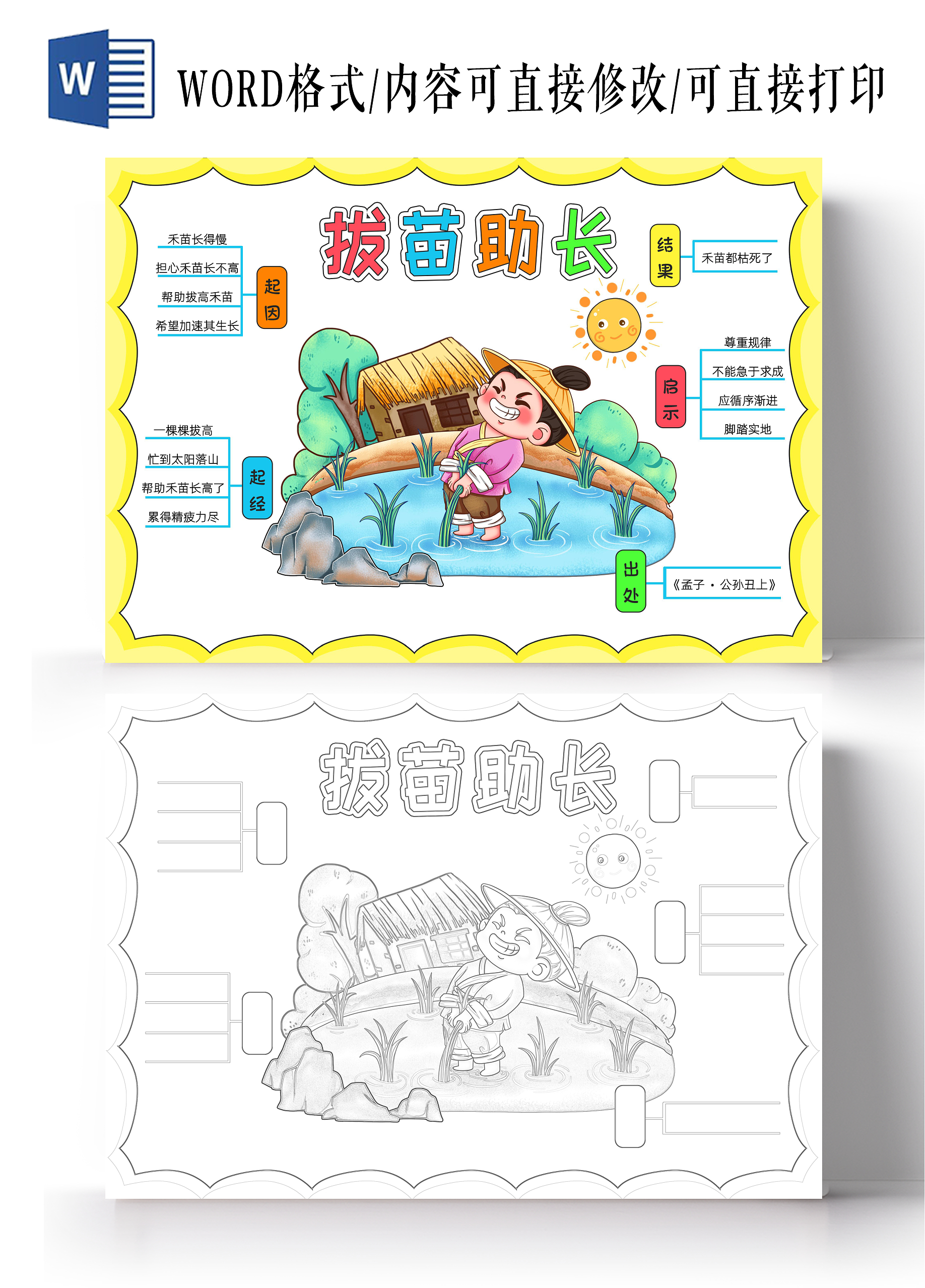 彩色卡通拔苗助长小报手抄报读书手抄报成语故事思维导图