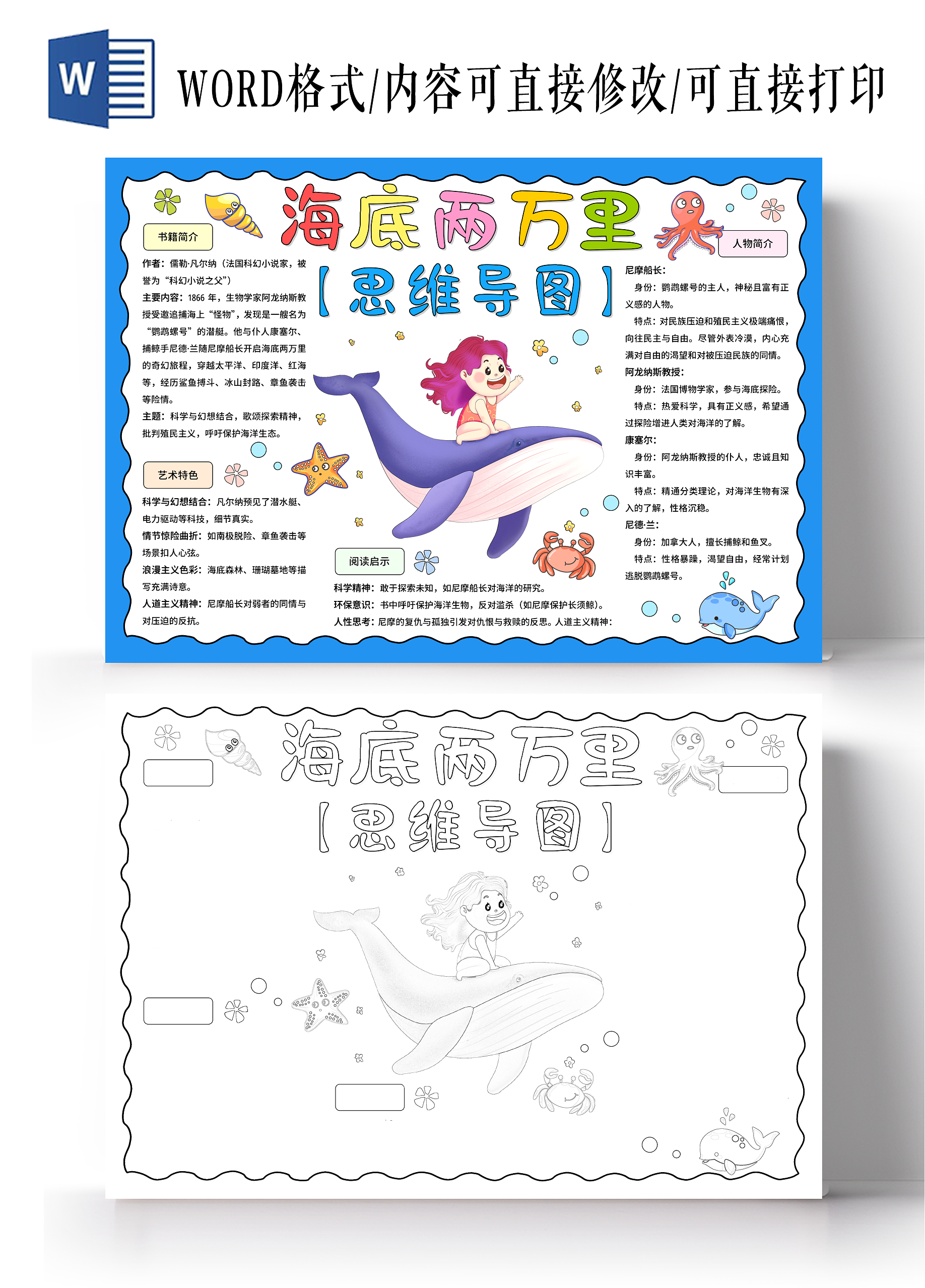 彩色卡通手绘海底两万里思维导图手抄报小学生手抄报阅读思维导图读书分享