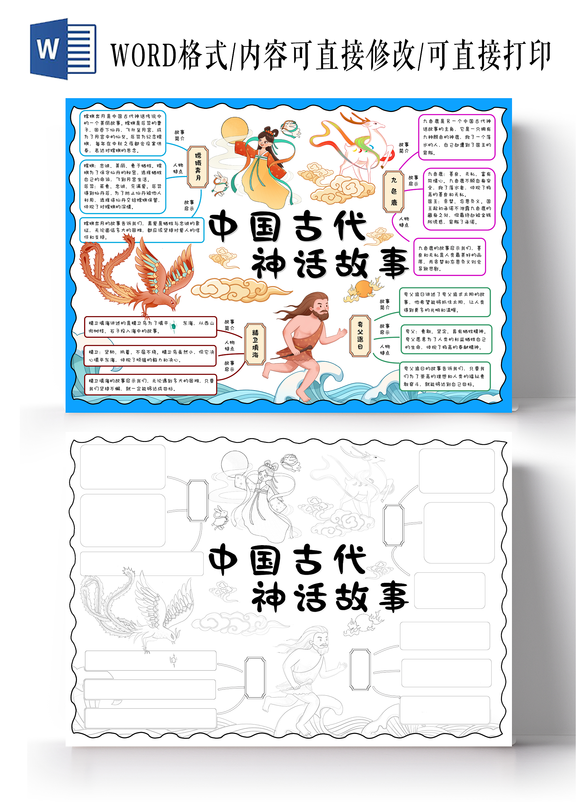 彩色卡通古风手绘中国古代神话故事小报手抄报小学生手抄报语文思维导图