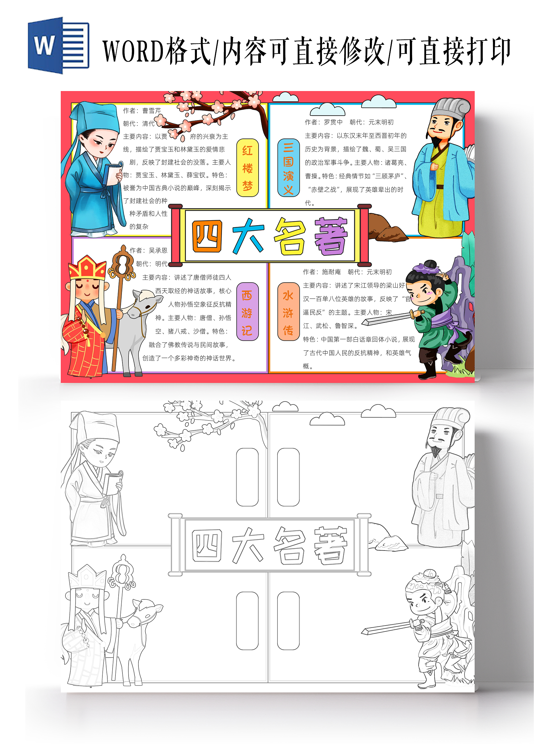 红色卡通四大名著小报手抄报读书手抄报阅读思维导图