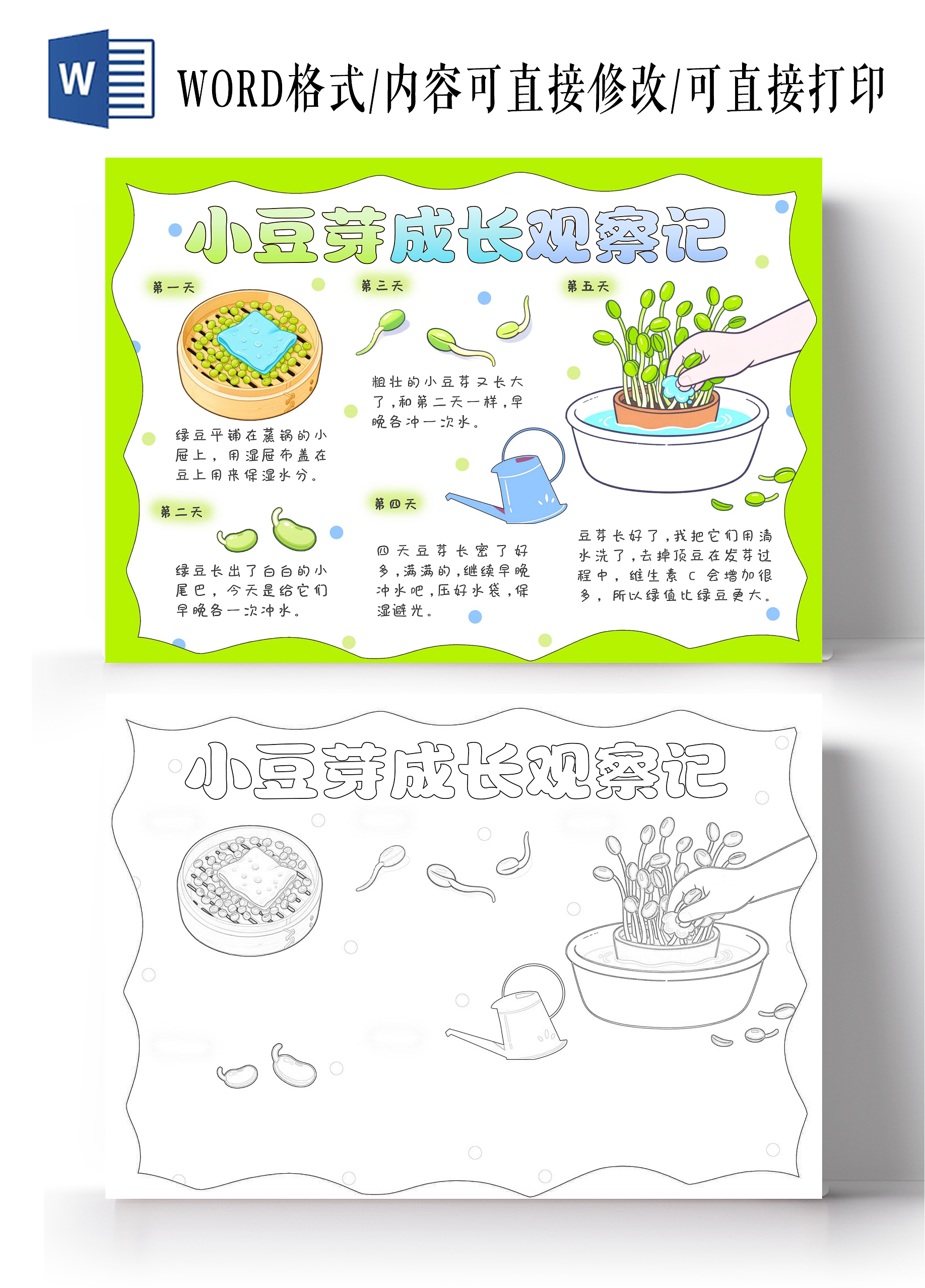 植物生长空白植物观察日记绿色清新手绘小豆芽成长观察记豆芽生长日记小报手抄报植物生长