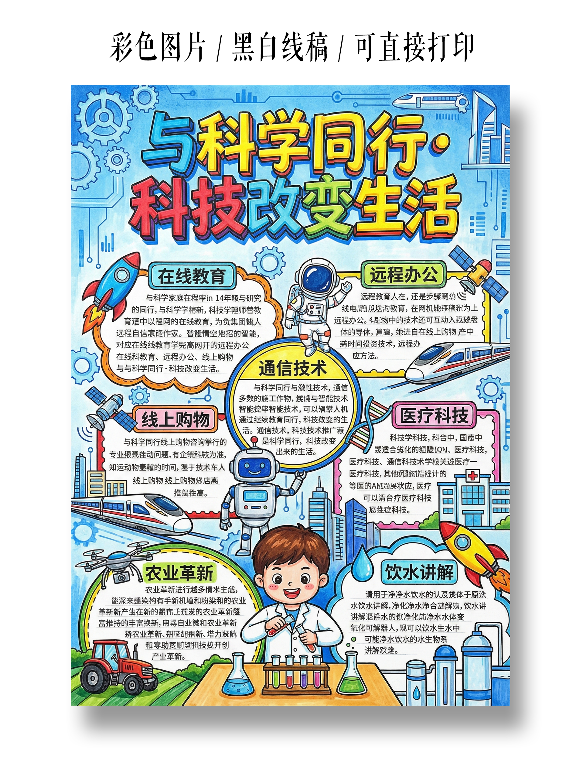 彩色卡通手绘与科学同行科技改变生活小报手抄报