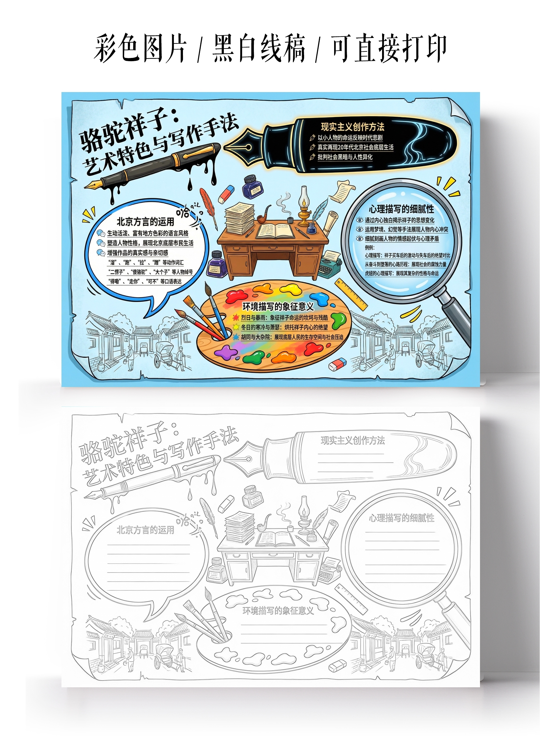 彩色卡通手绘骆驼祥子小报手抄报