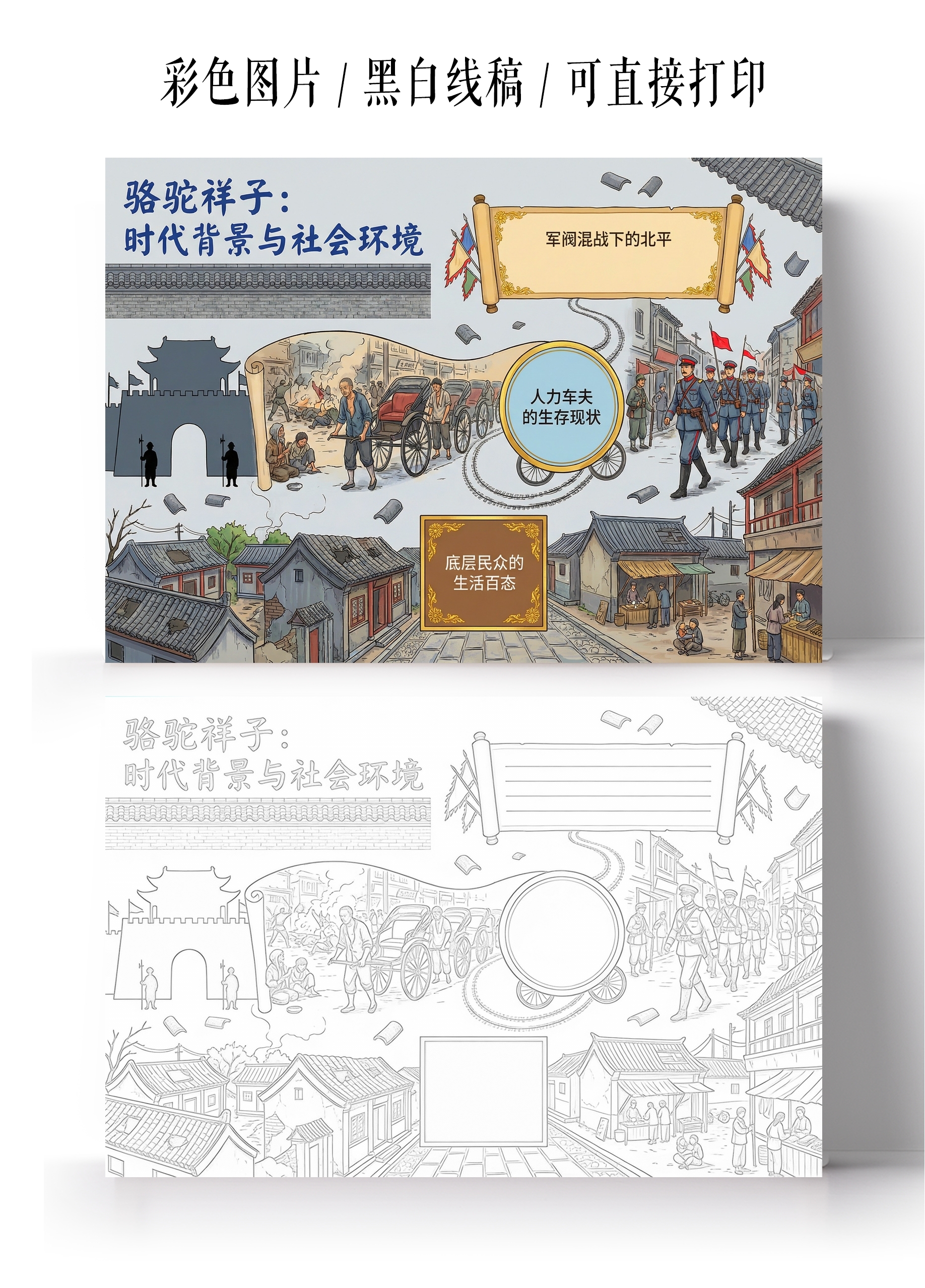 彩色卡通手绘骆驼祥子时代背景与社会环境小报手抄报