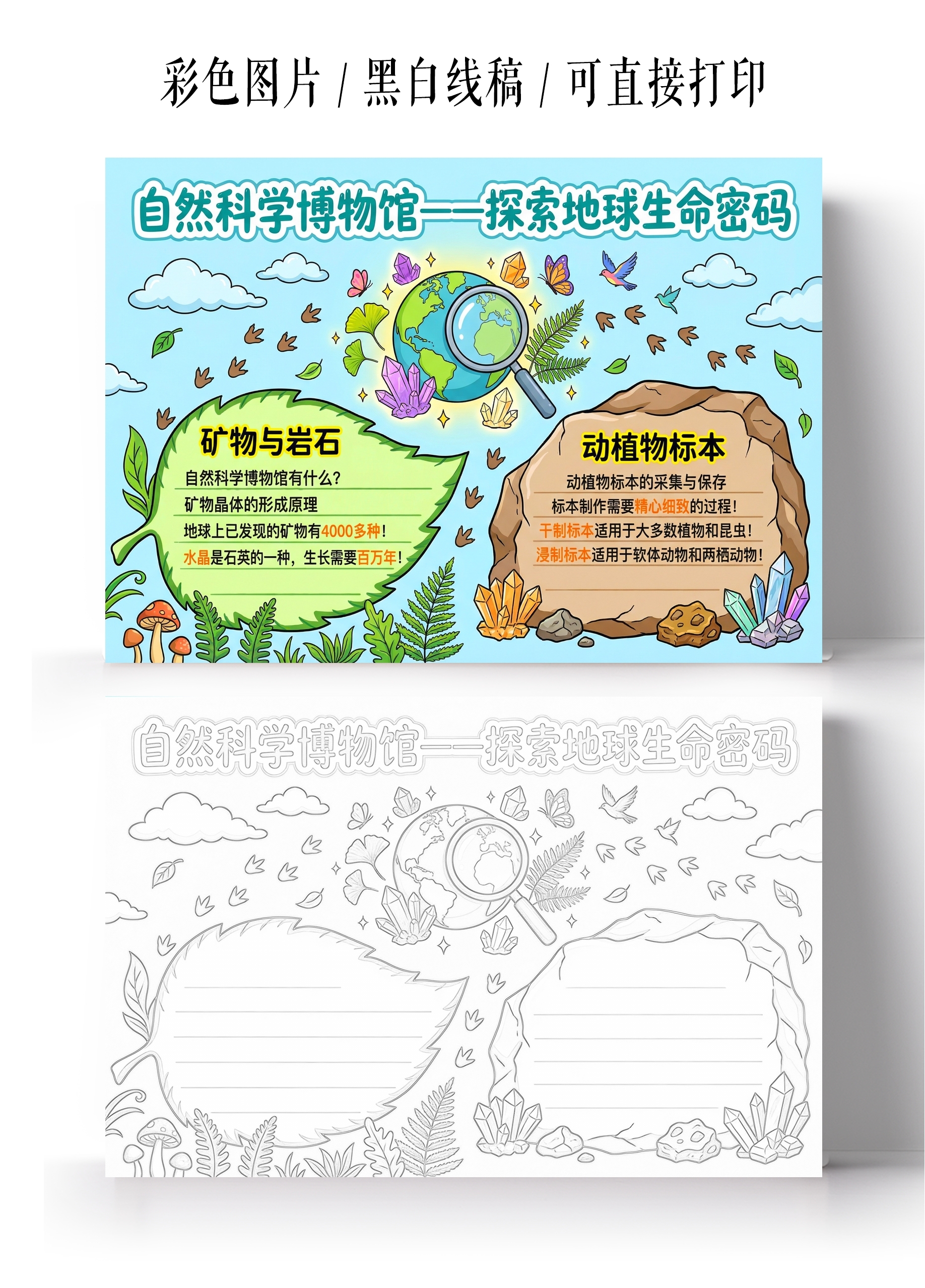 彩色卡通手绘自然科学博物馆探索地球生命密码小报手抄报