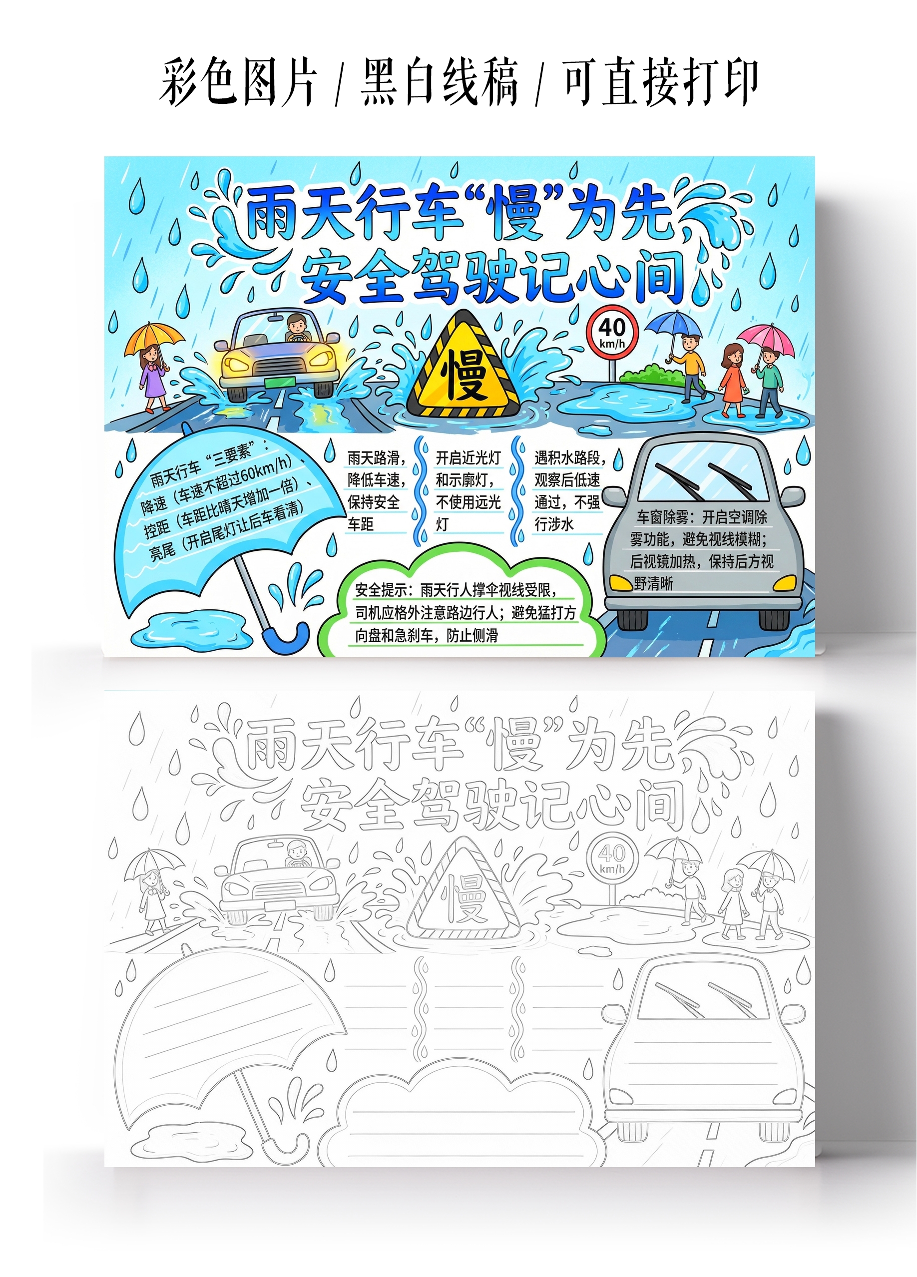 彩色卡通手绘雨天行车慢为先安全驾驶记心间小报手抄报