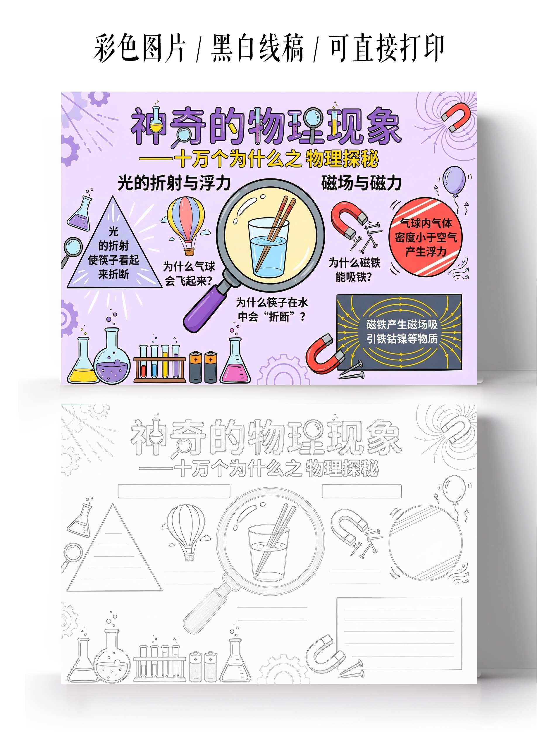 彩色卡通手绘十万个为什么之物理探秘小报手抄报