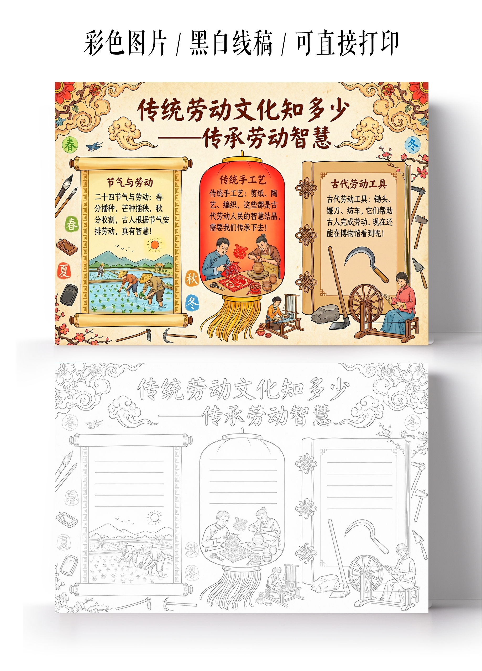 彩色卡通手绘传统劳动文化知多少小报手抄报