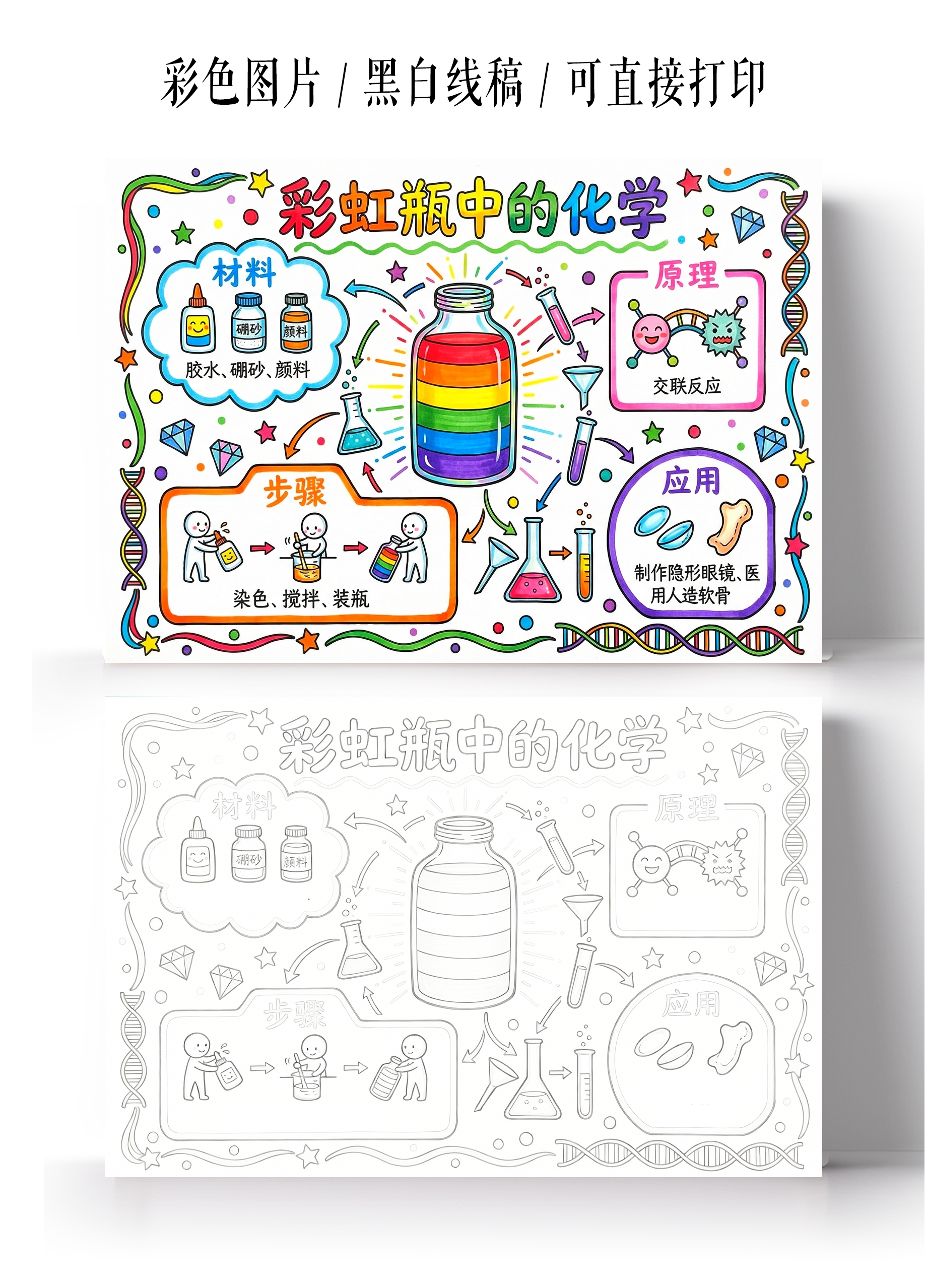 彩色卡通手绘彩虹瓶中的化学小报手抄报