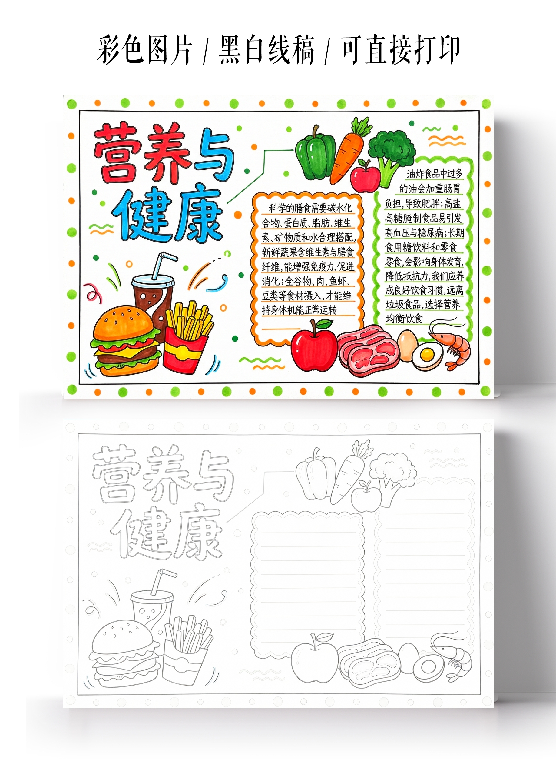 彩色卡通图手绘营养与健康小报手抄报