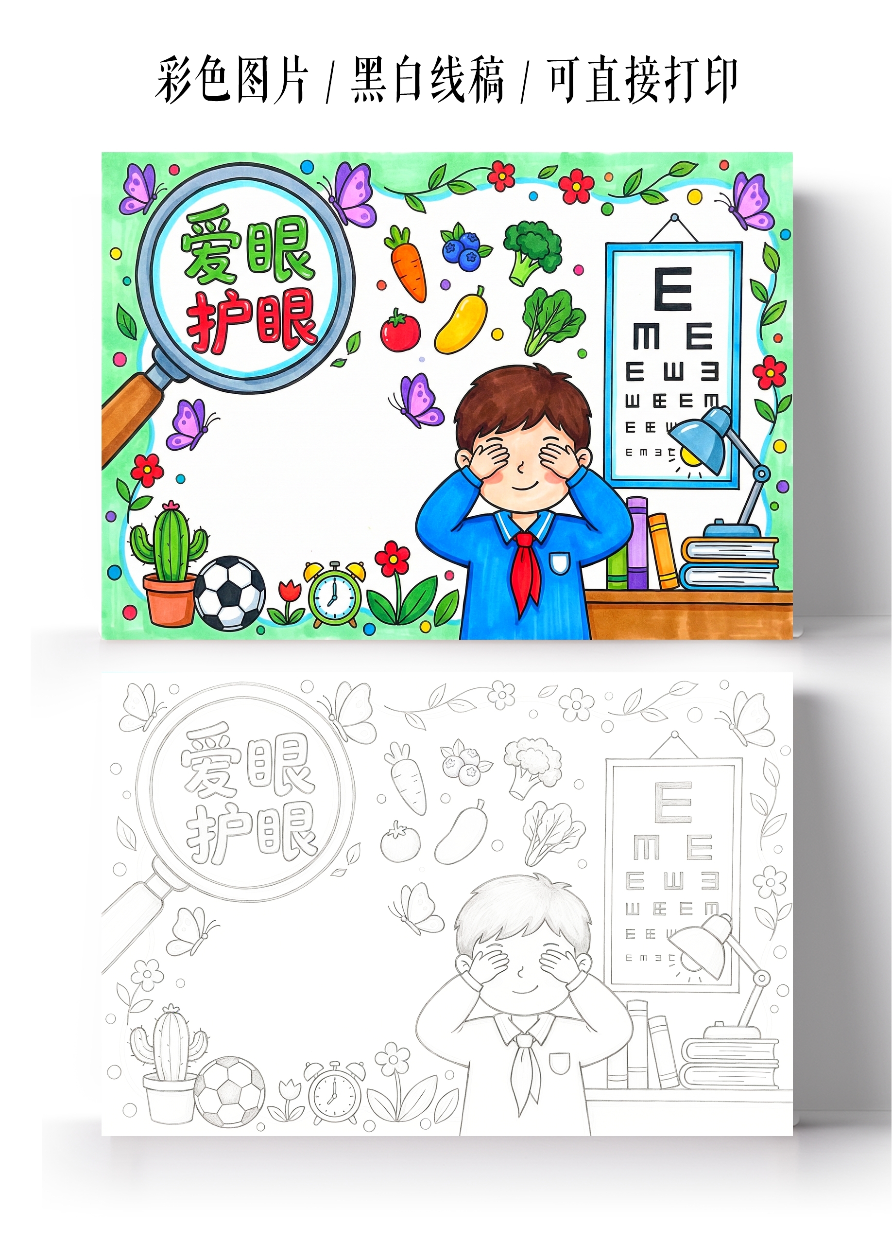 彩色卡通手绘爱眼护眼手抄报小报