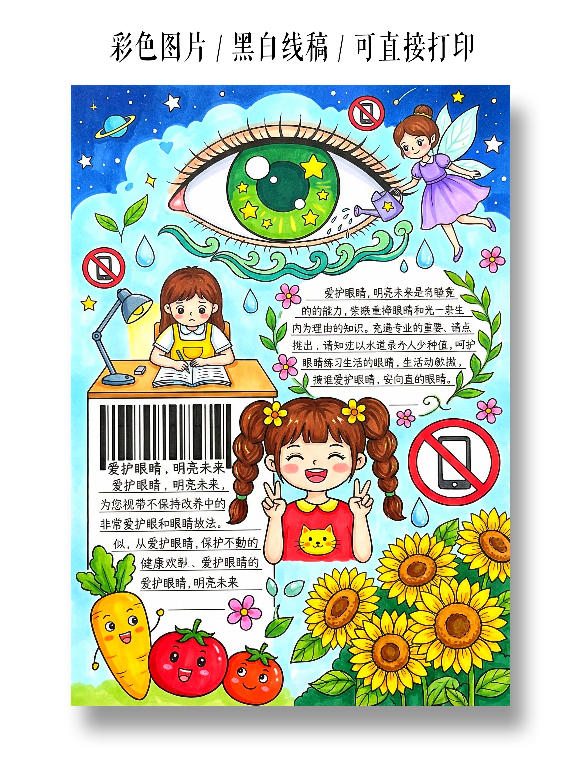彩色卡通手绘保护眼睛小报手抄报