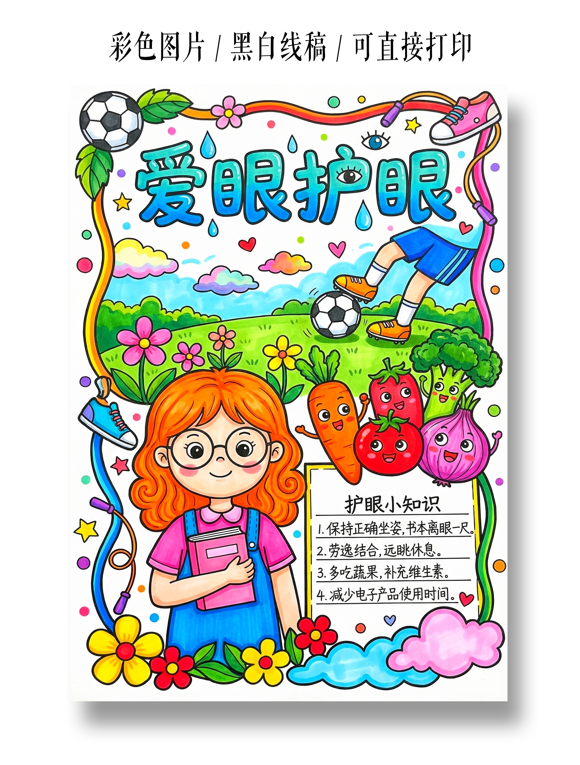 彩色卡通手绘爱眼护眼小报手抄报