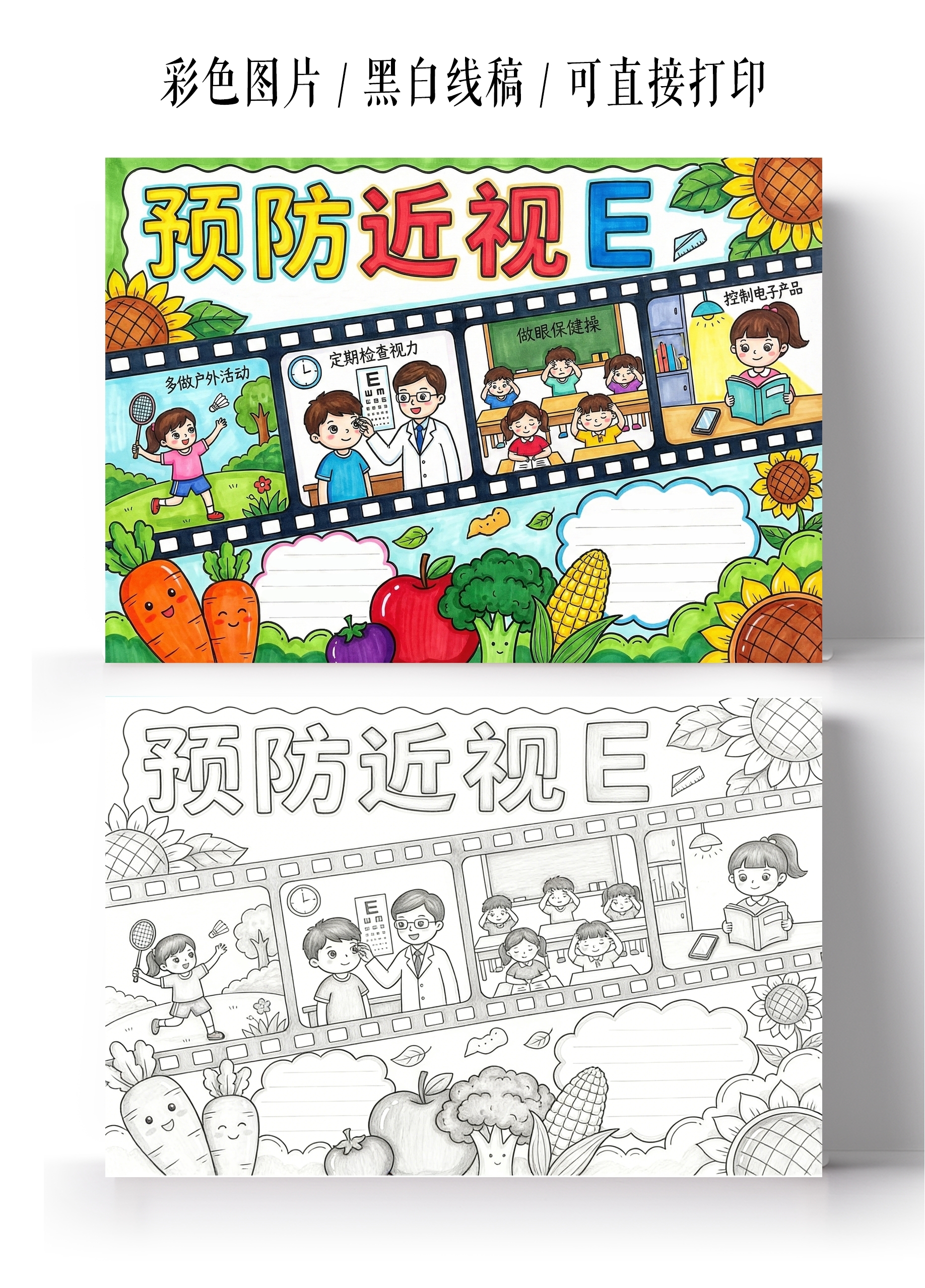 彩色卡通手绘预防近视小报手抄报
