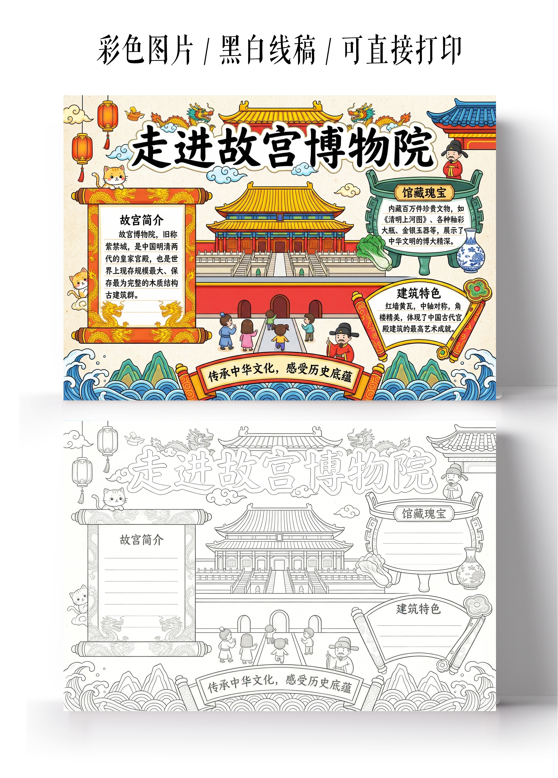 彩色卡通手绘走进故宫博物院小报手抄报