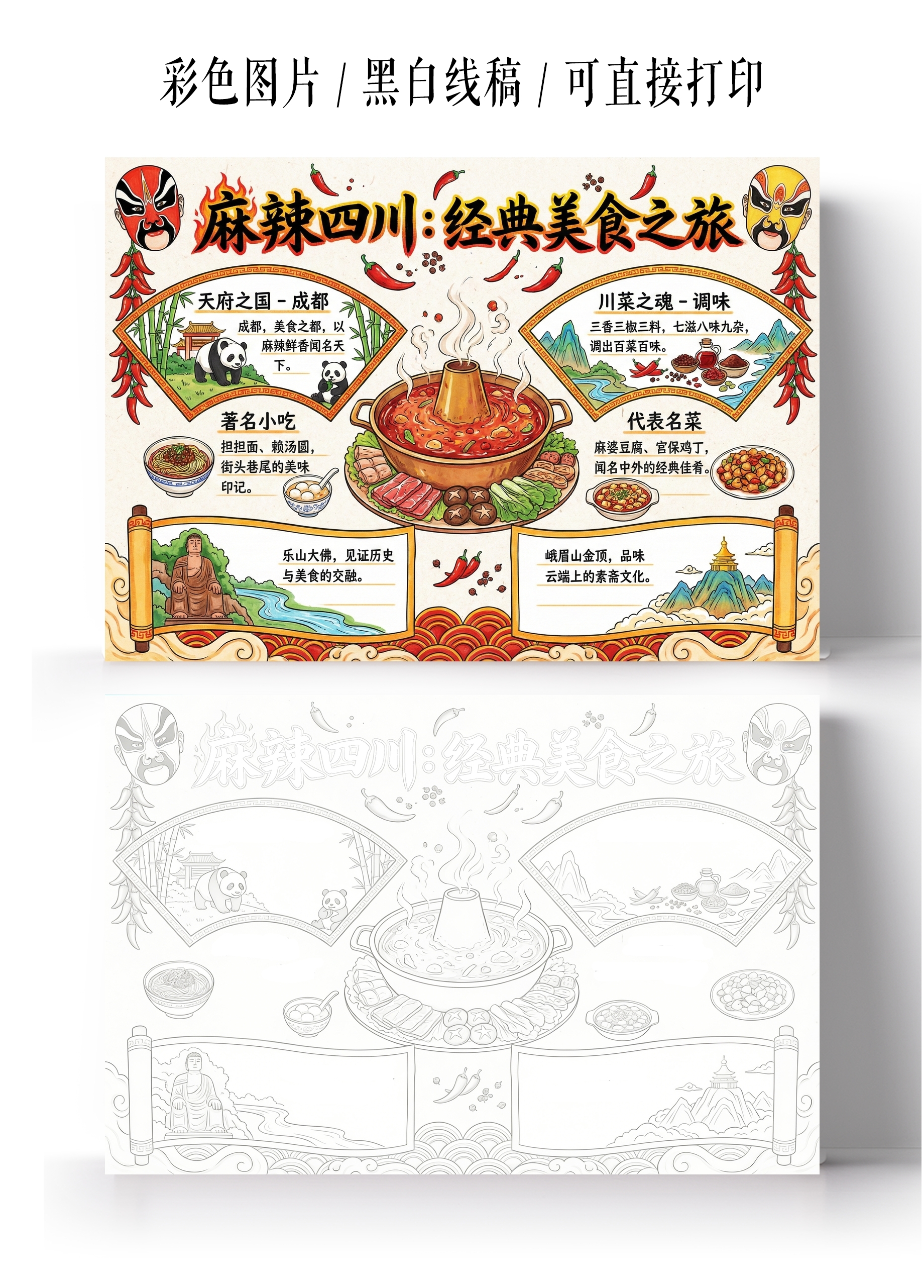 彩色卡通手绘麻辣四川经典美食之旅小报手抄报