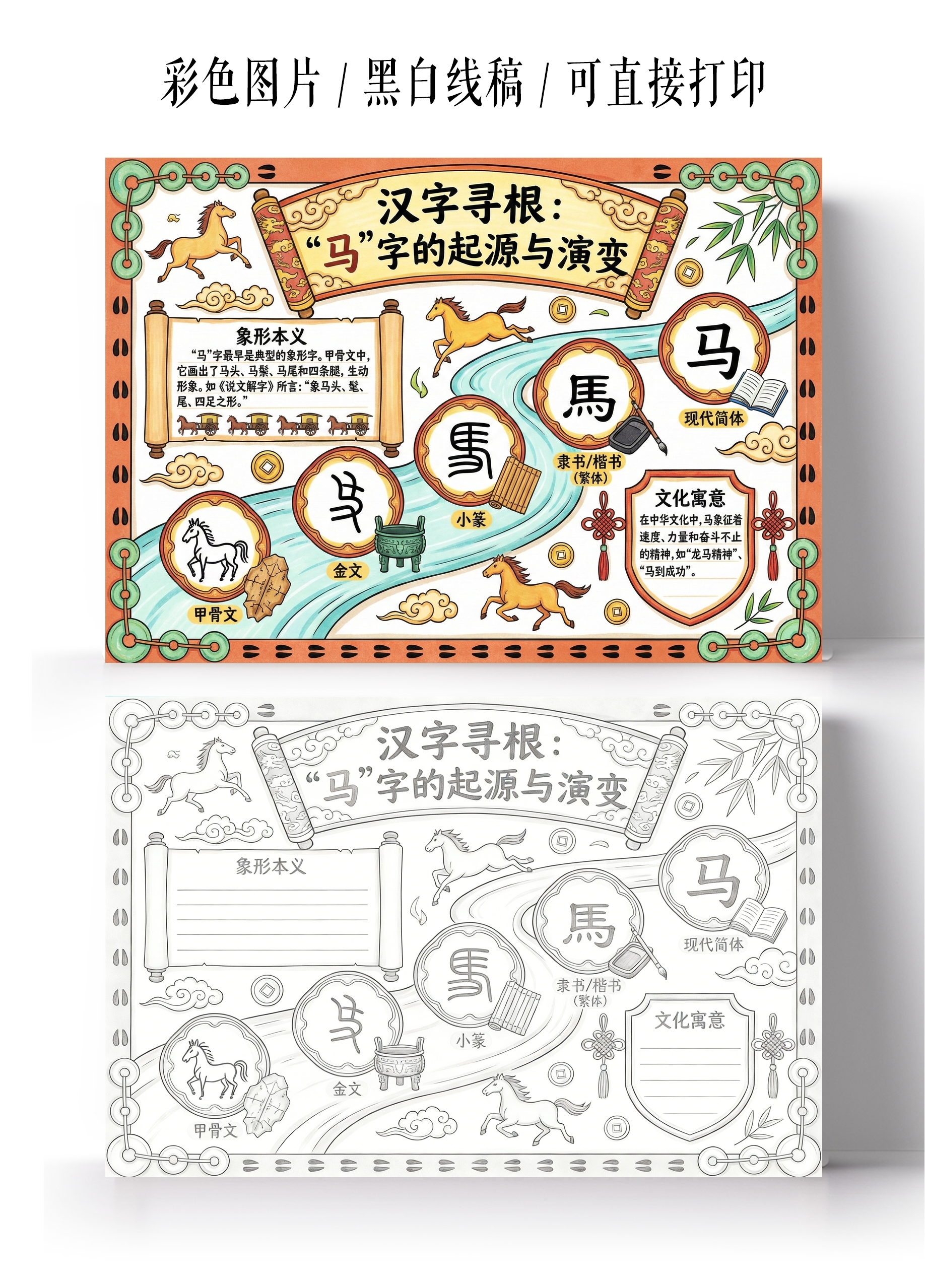 彩色卡通手绘汉字寻根马字的起源与演变小报手抄报