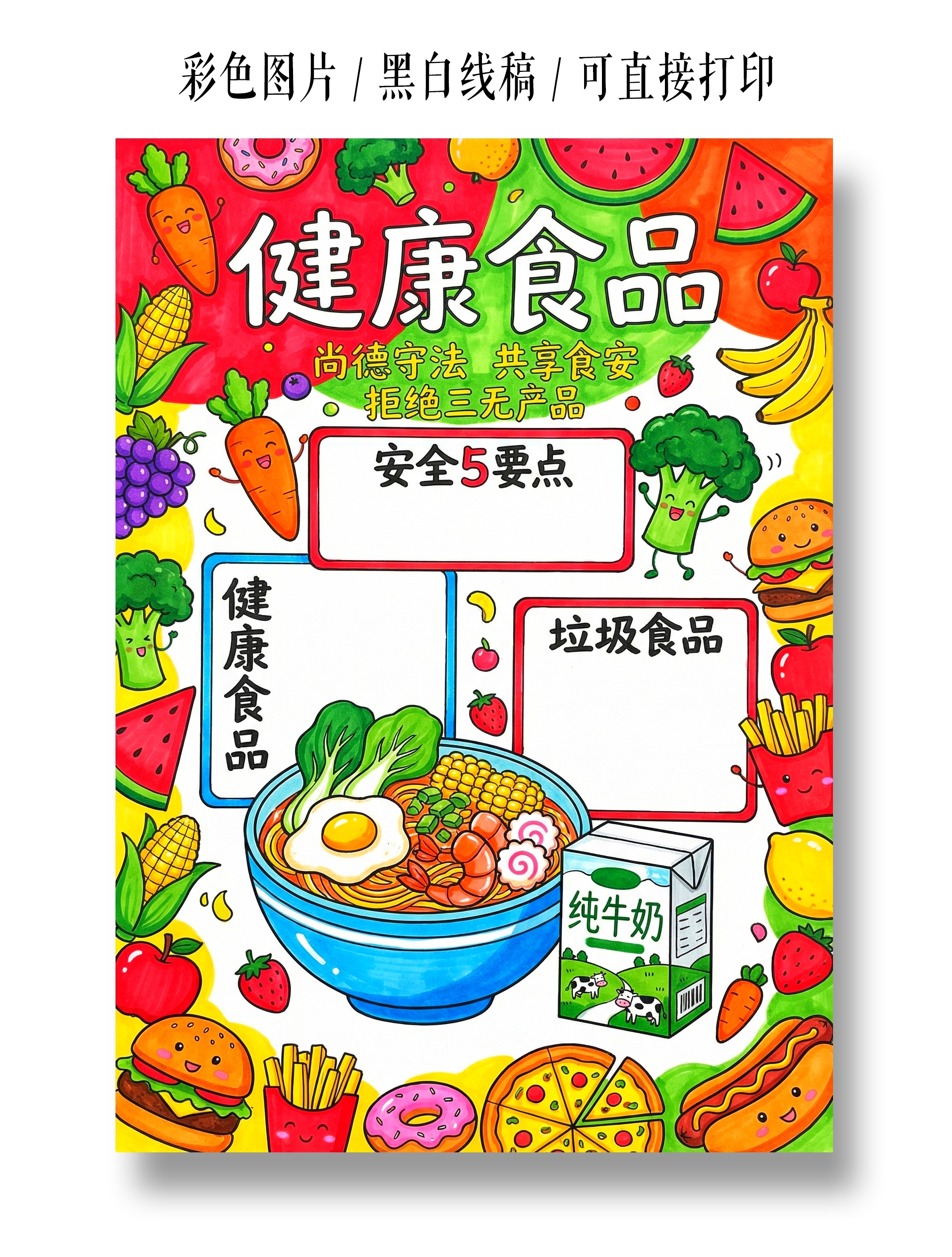 小学生安全彩色卡通手绘健康食品小报手抄报