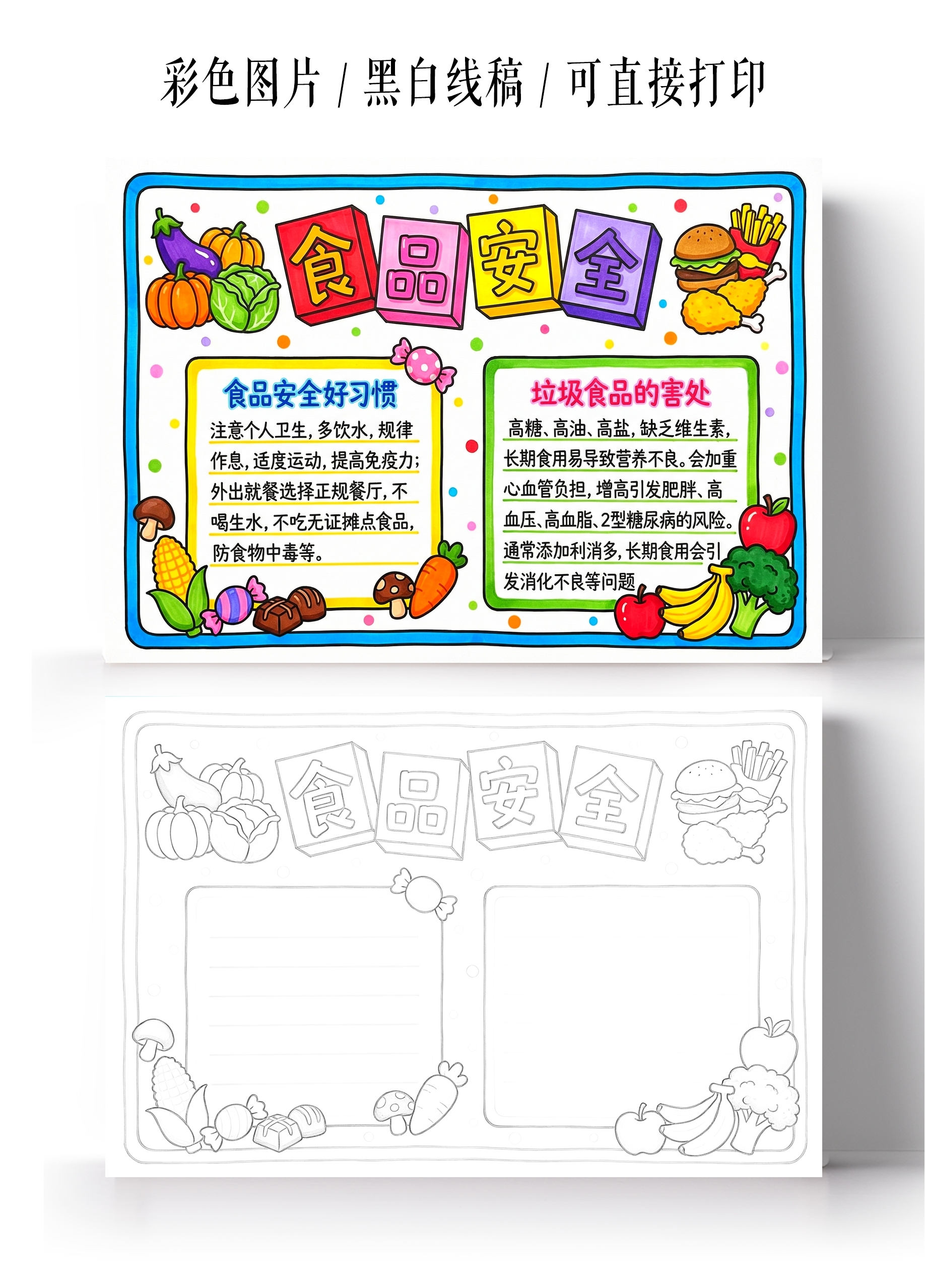 小学生安全彩色卡通手绘食品安全小报手抄报
