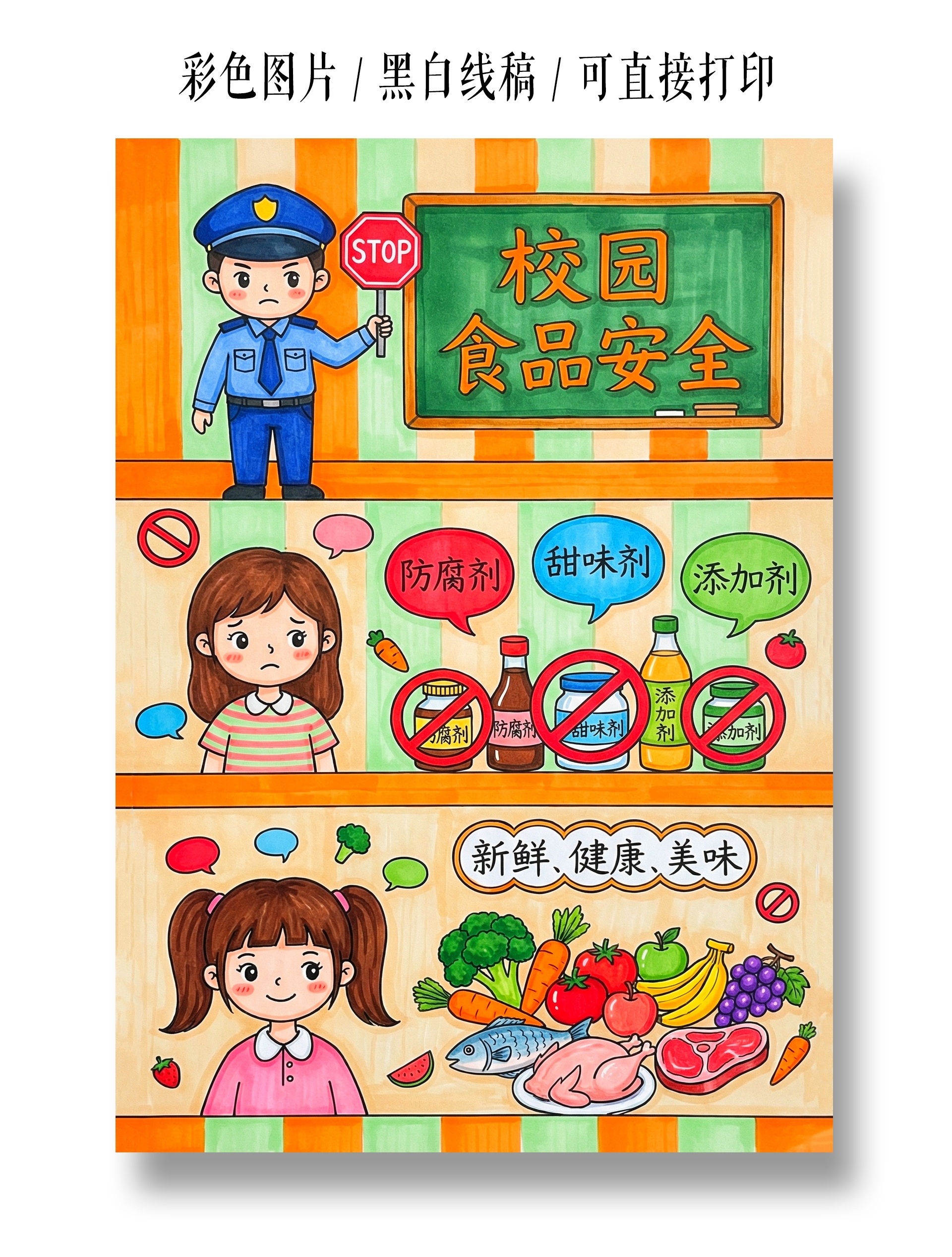 彩色卡通手绘校园食品安全小报手抄报