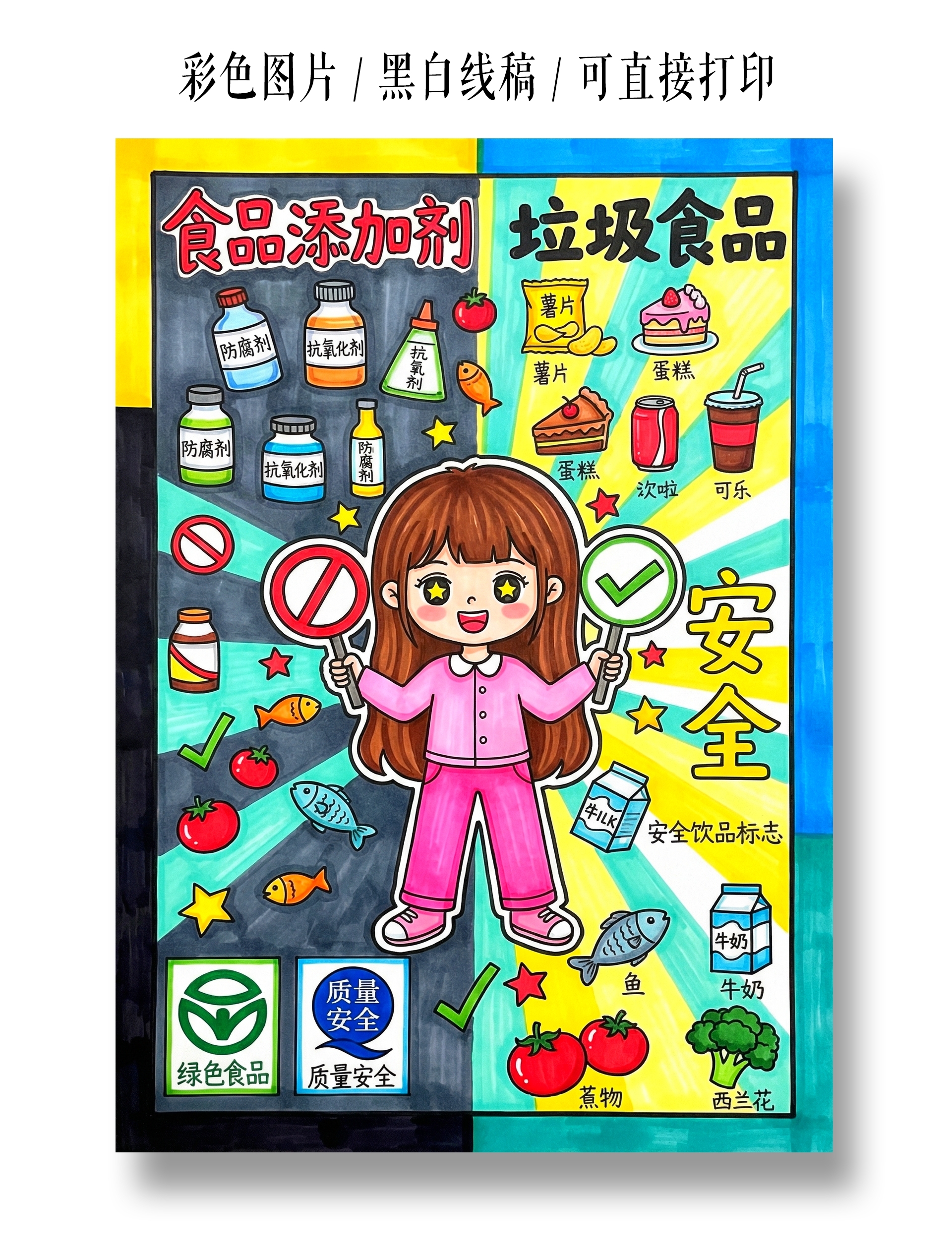小学生安全彩色卡通手绘垃圾食品小报手抄报