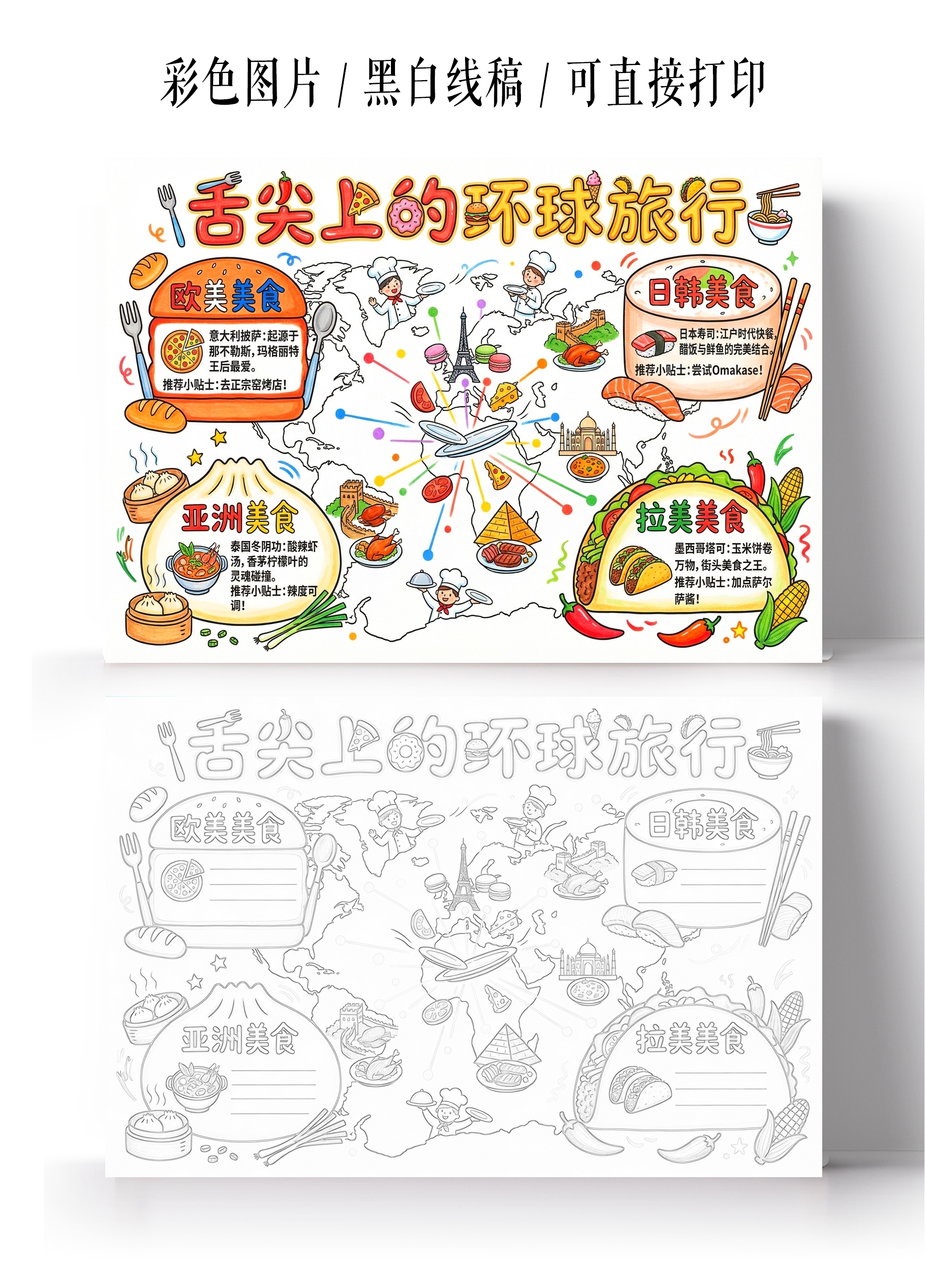 彩色卡通手绘舌尖上的环球旅行小报手抄报