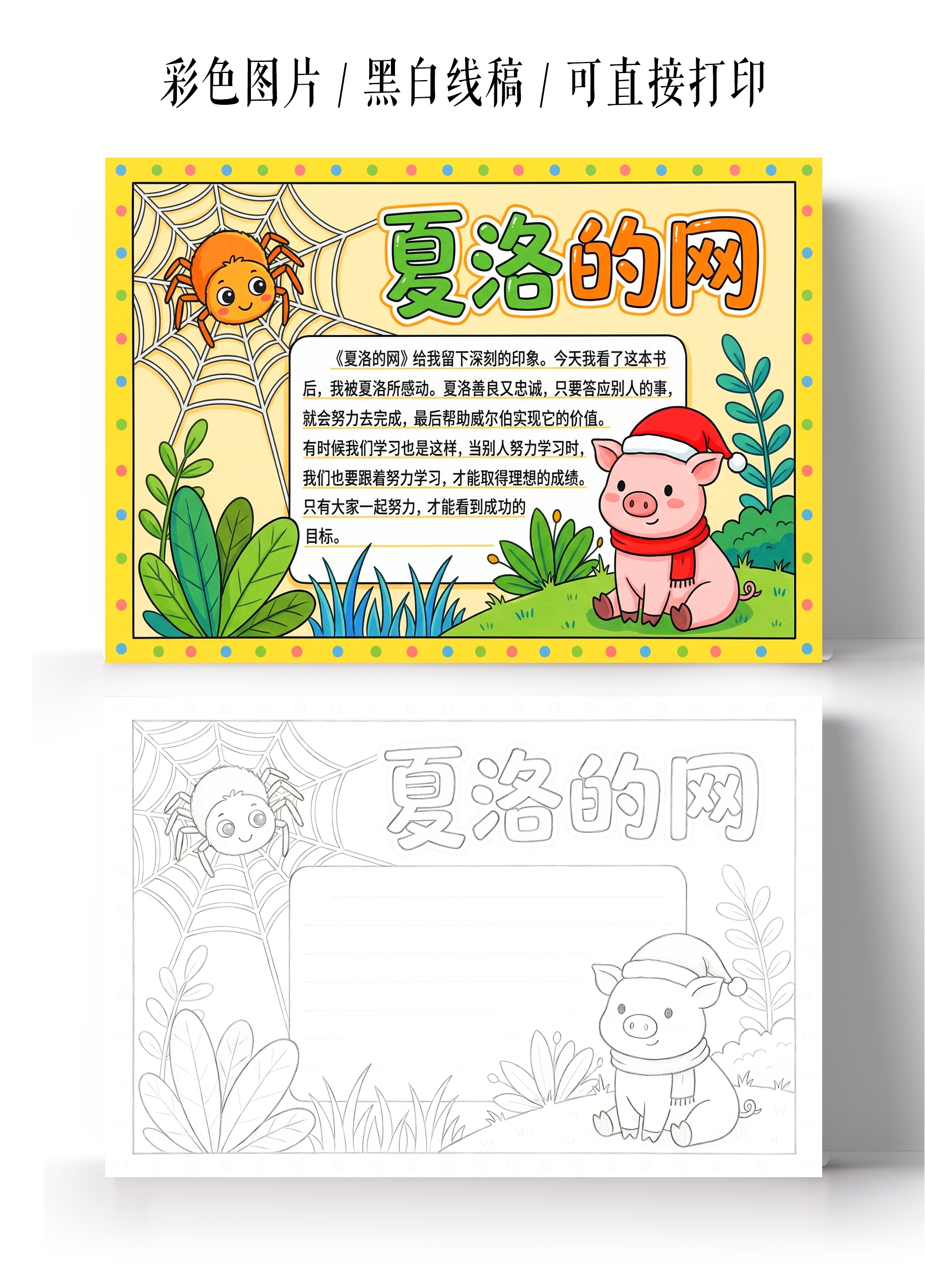 彩色卡通手绘夏洛的网手抄报小报