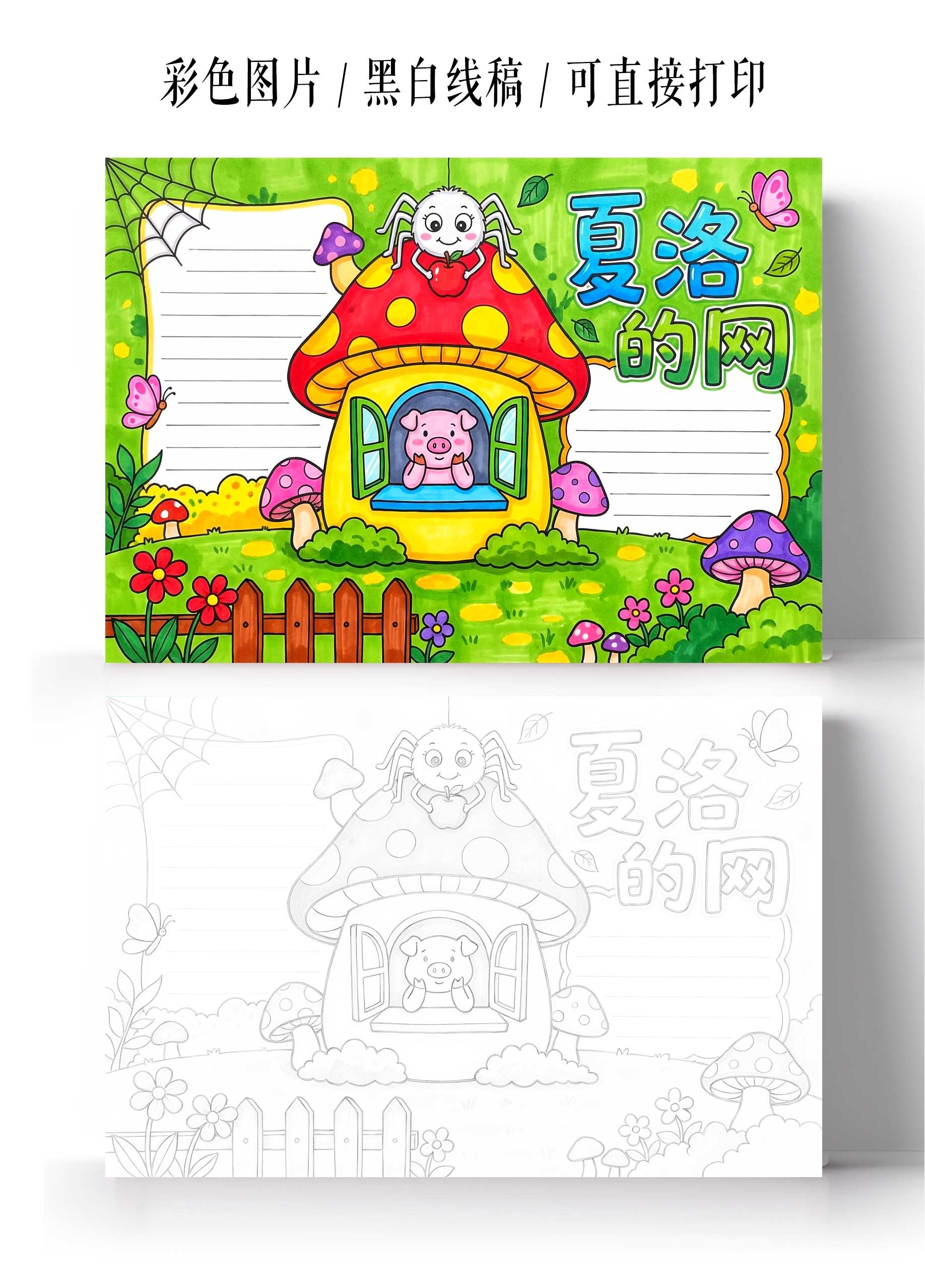 彩色卡通手绘夏洛的网小报手抄报