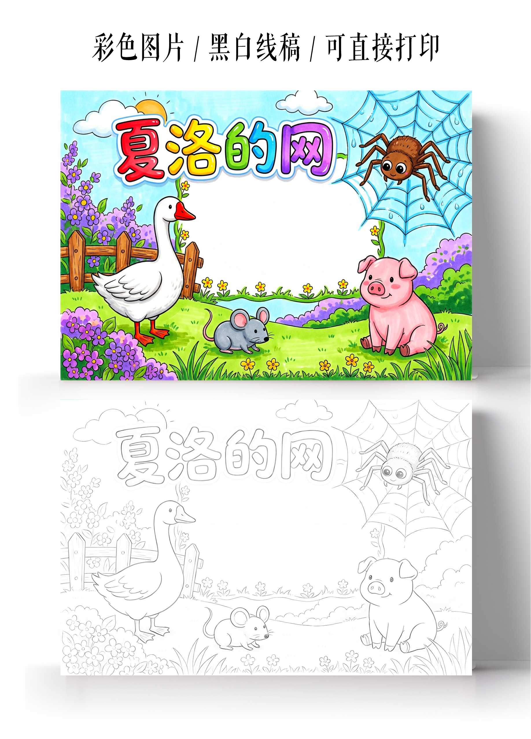 彩色卡通手绘夏洛的网小报手抄报