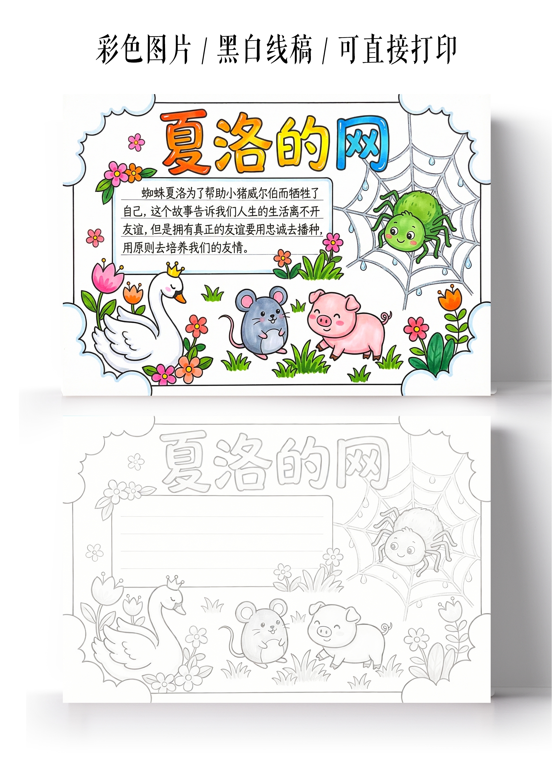 彩色卡通手绘夏洛的网小报手抄报