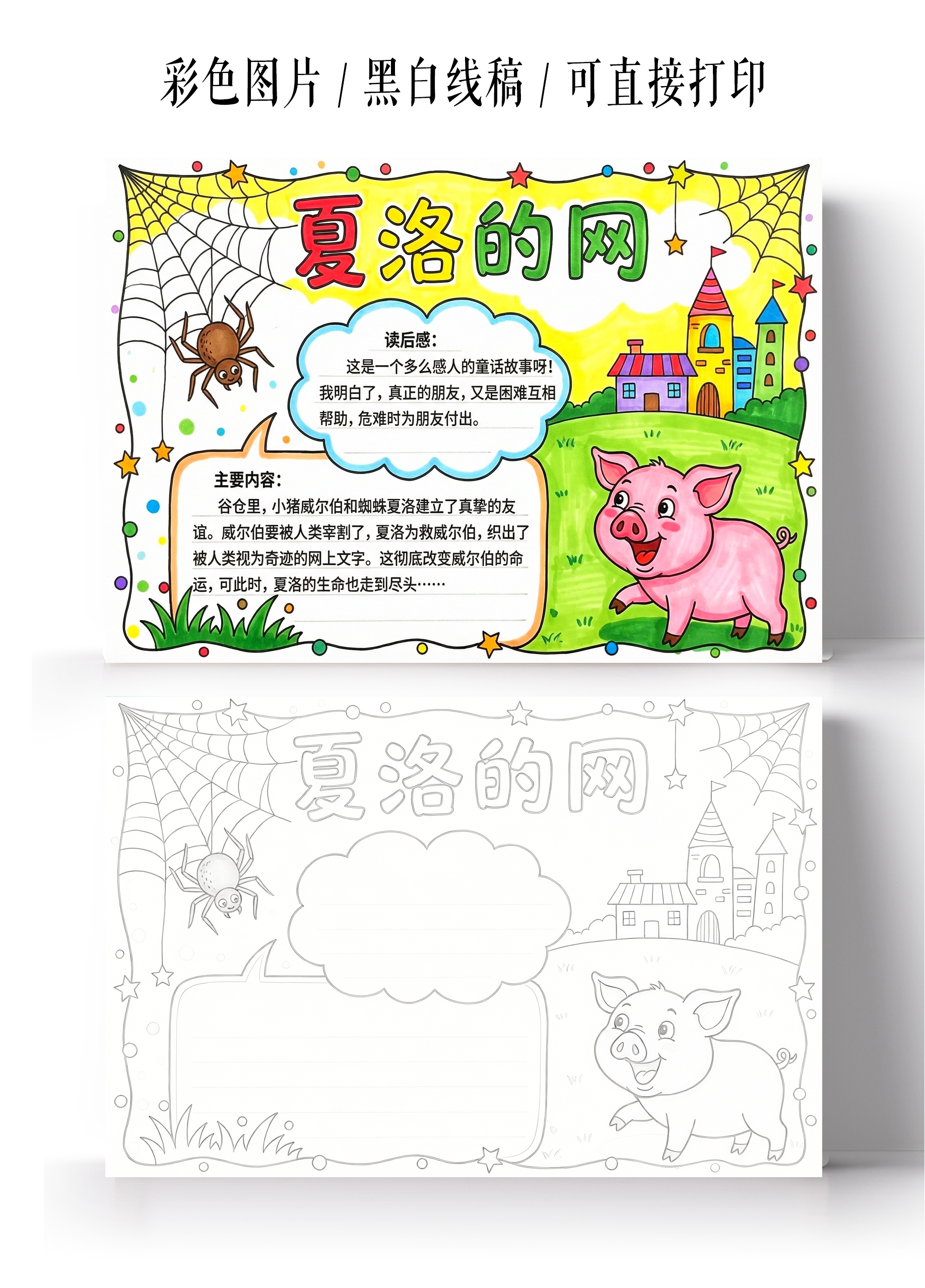 彩色卡通手绘夏洛的网小报手抄报