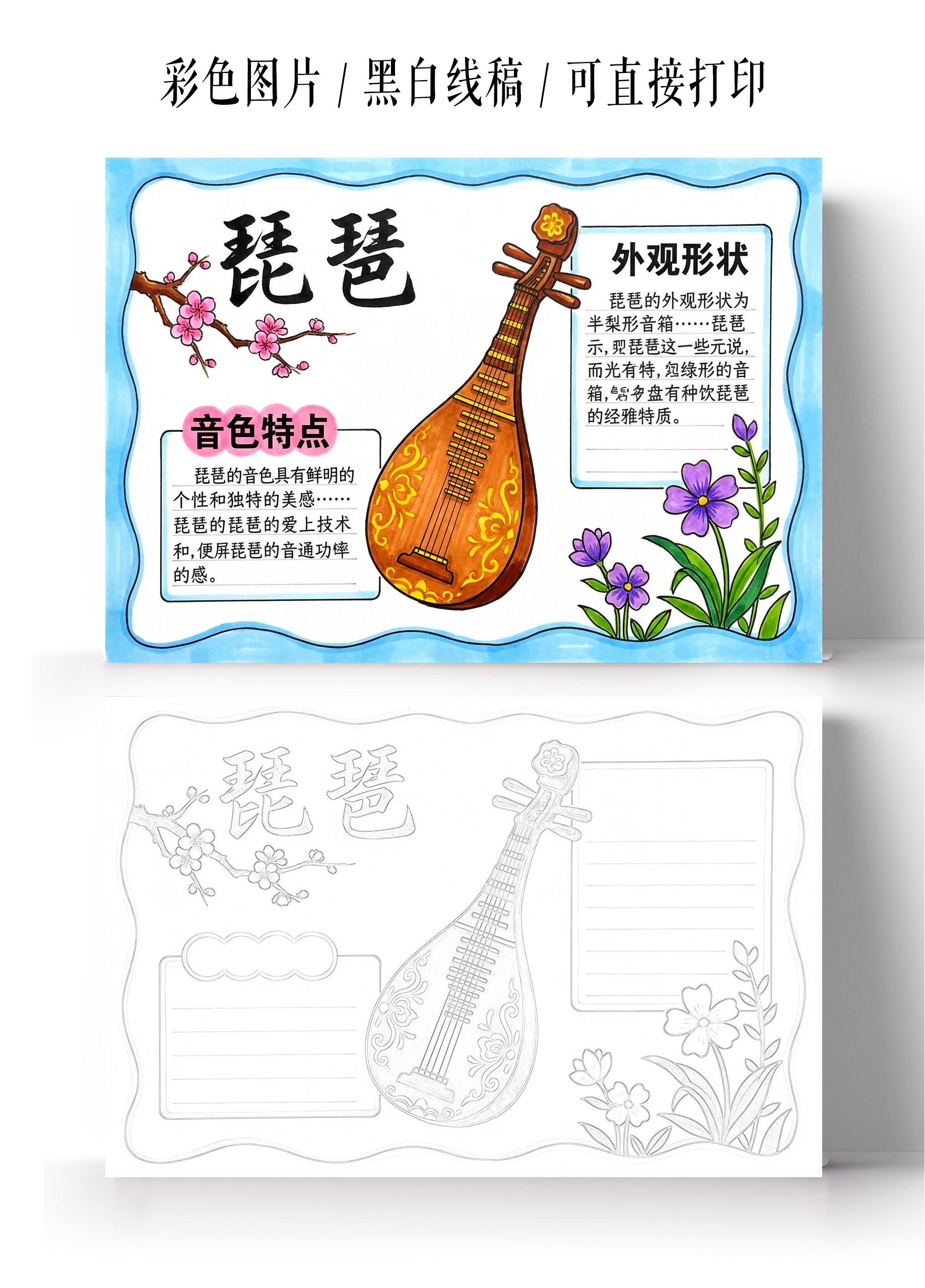 彩色卡通手绘琵琶小报手抄报