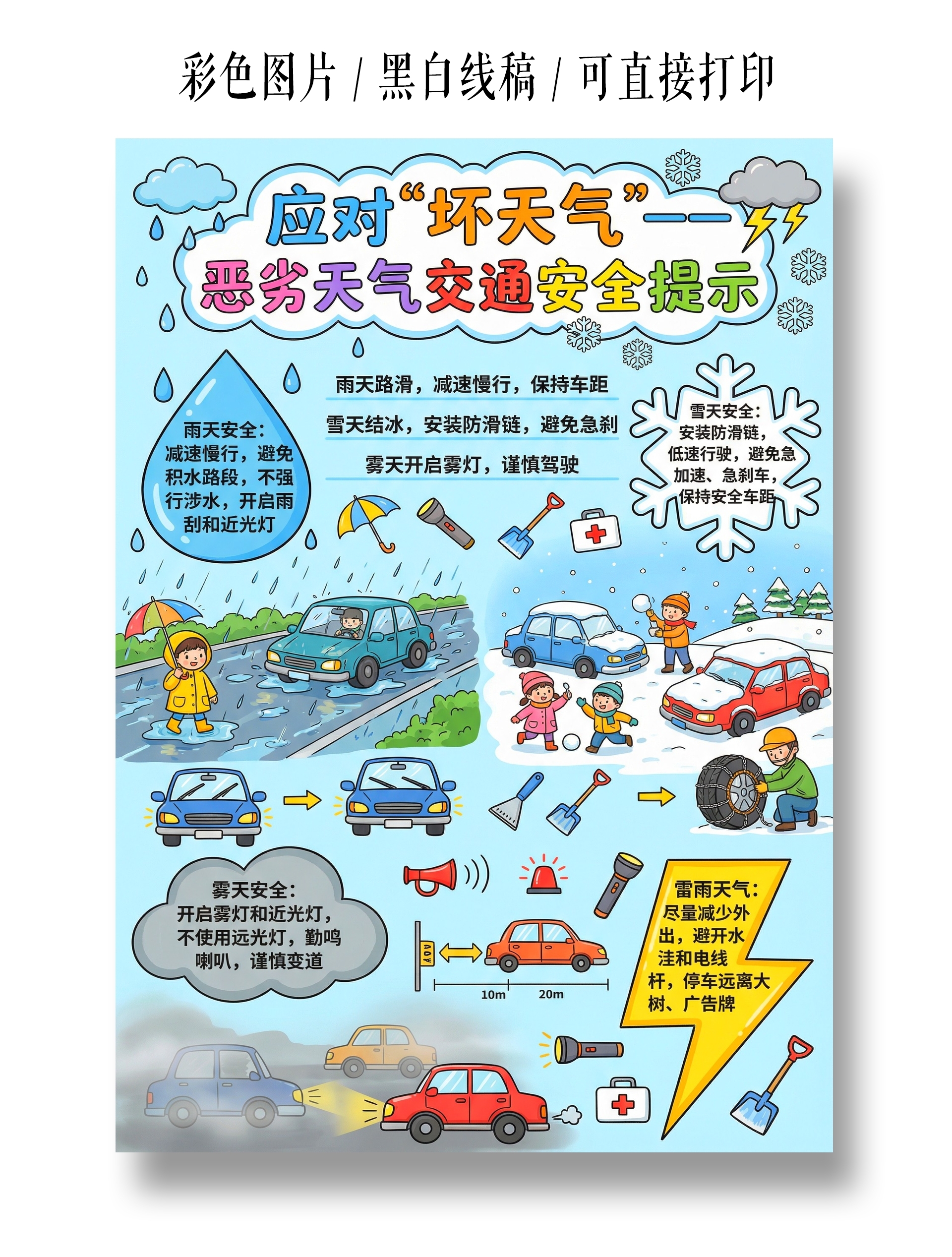 小学生安全彩色卡通手绘应对坏天气恶劣天气交通安全提示小报手抄报