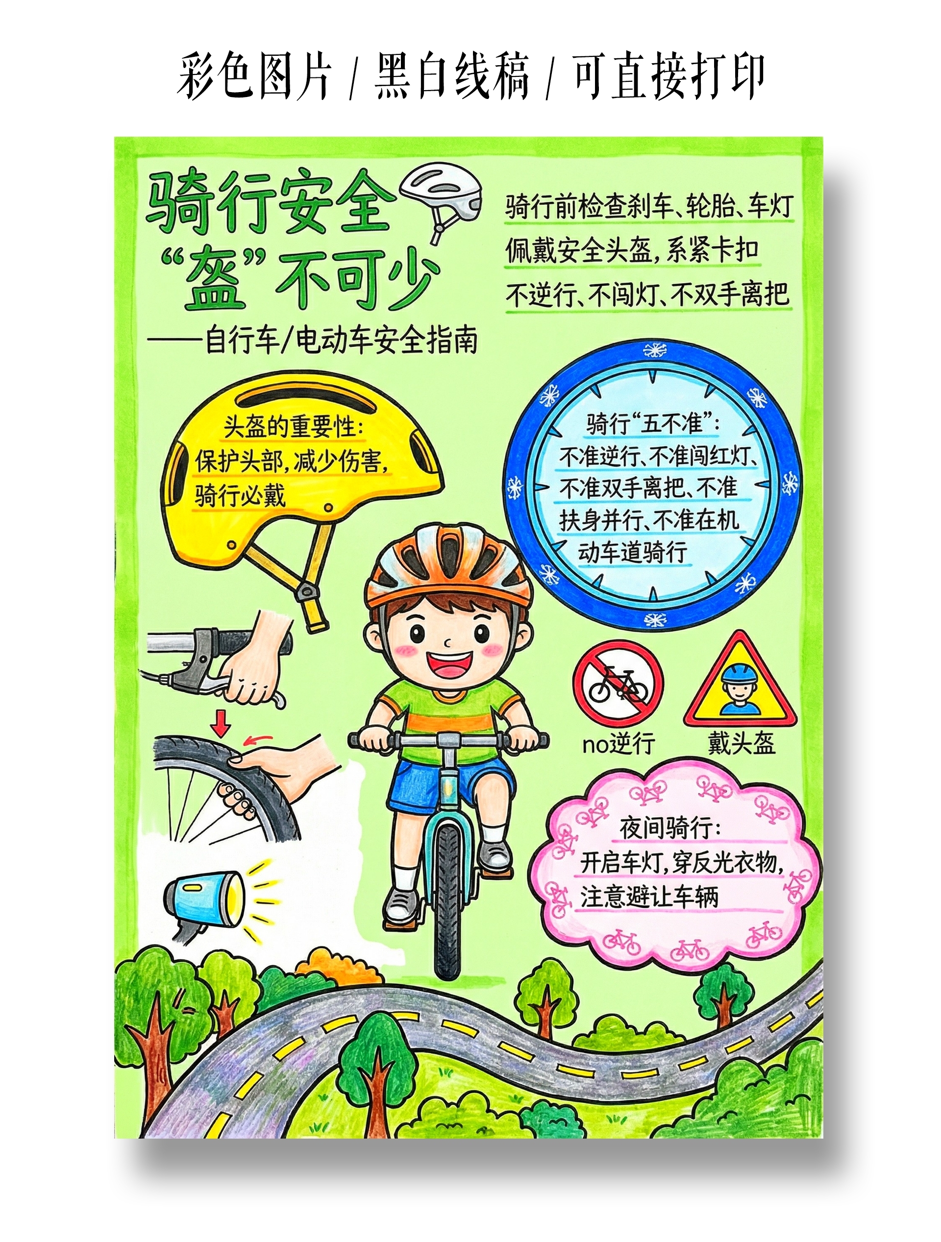 小学生安全彩色卡通手绘骑行安全盔不可少小报手抄报