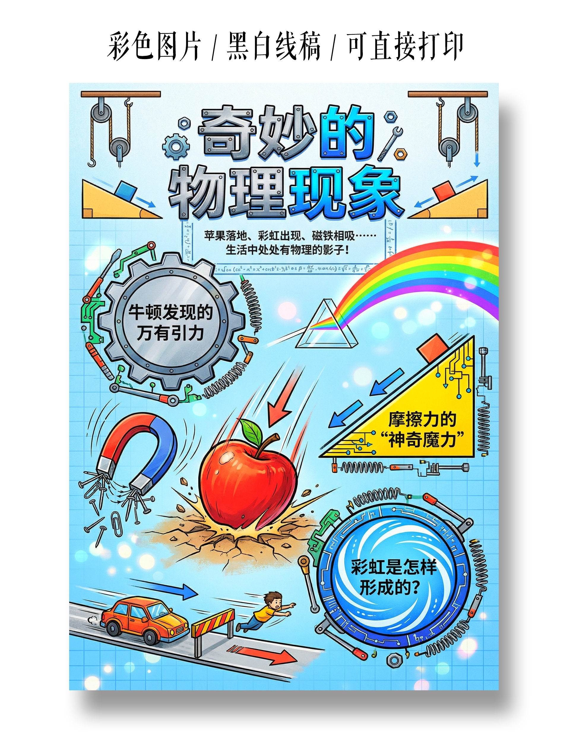 彩色卡通手绘奇妙的物理现象小报手抄报