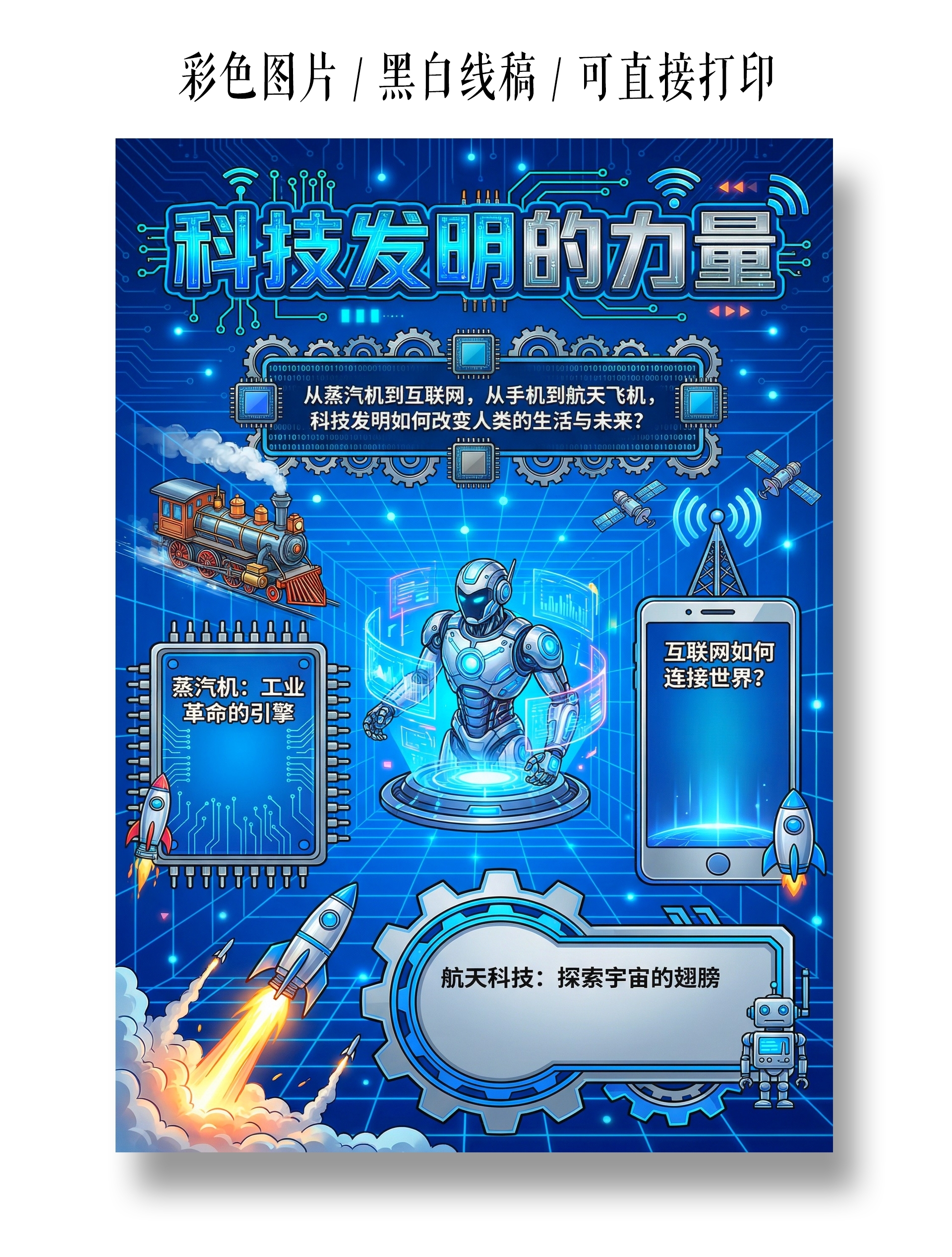 彩色卡通手绘科技发明的力量小报手抄报