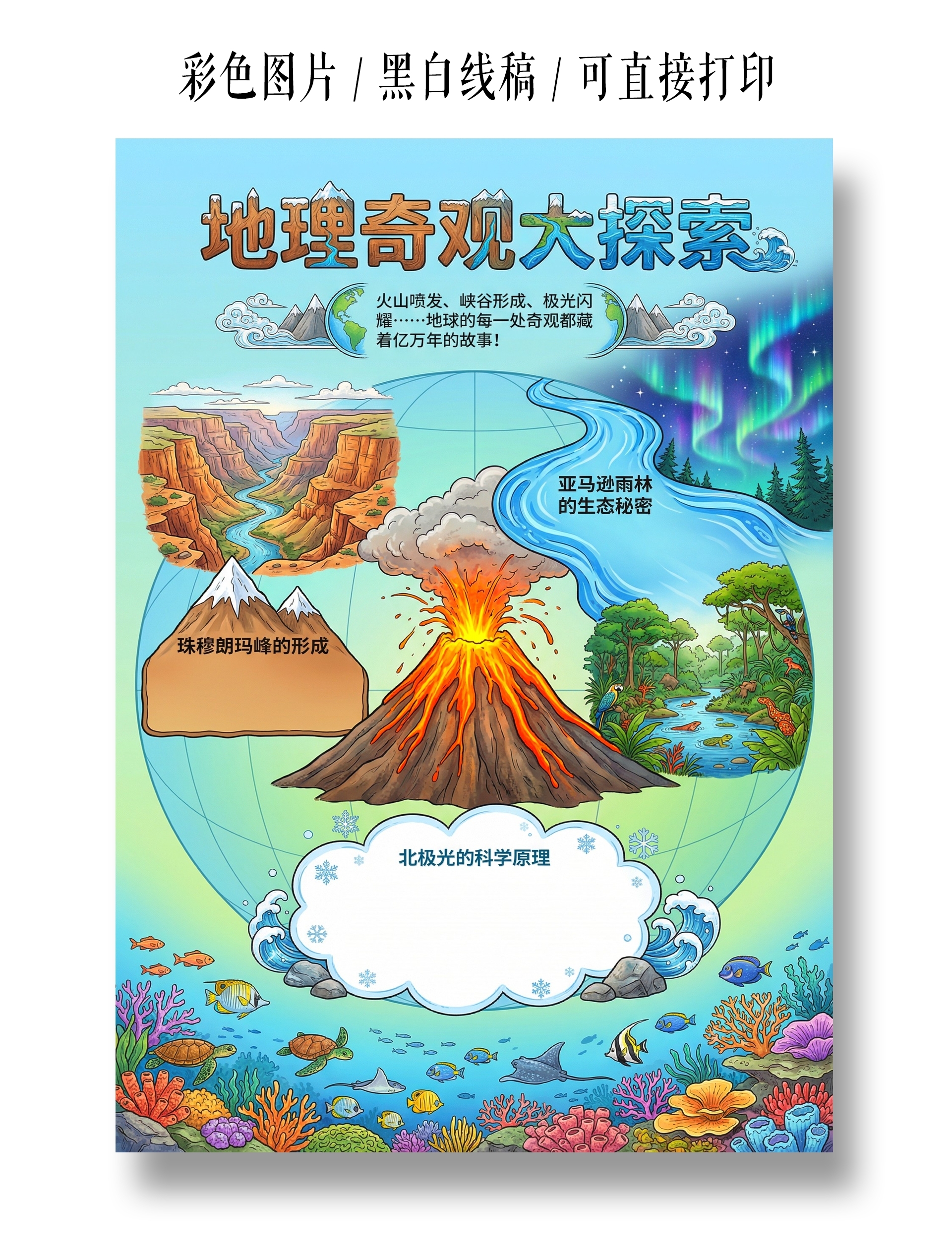 彩色卡通手绘地理奇观大探索小报手抄报