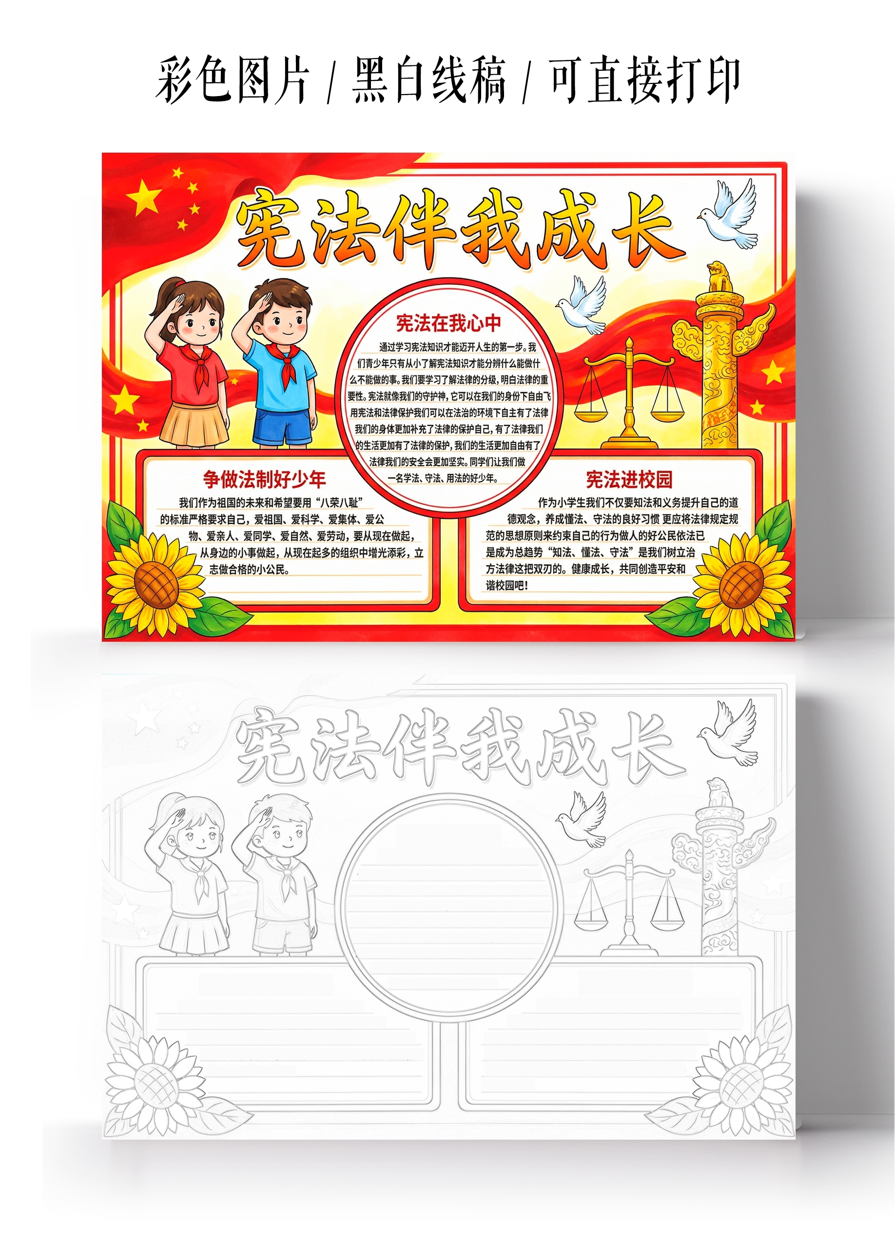 彩色卡通手绘宪法伴我成长小报手抄报