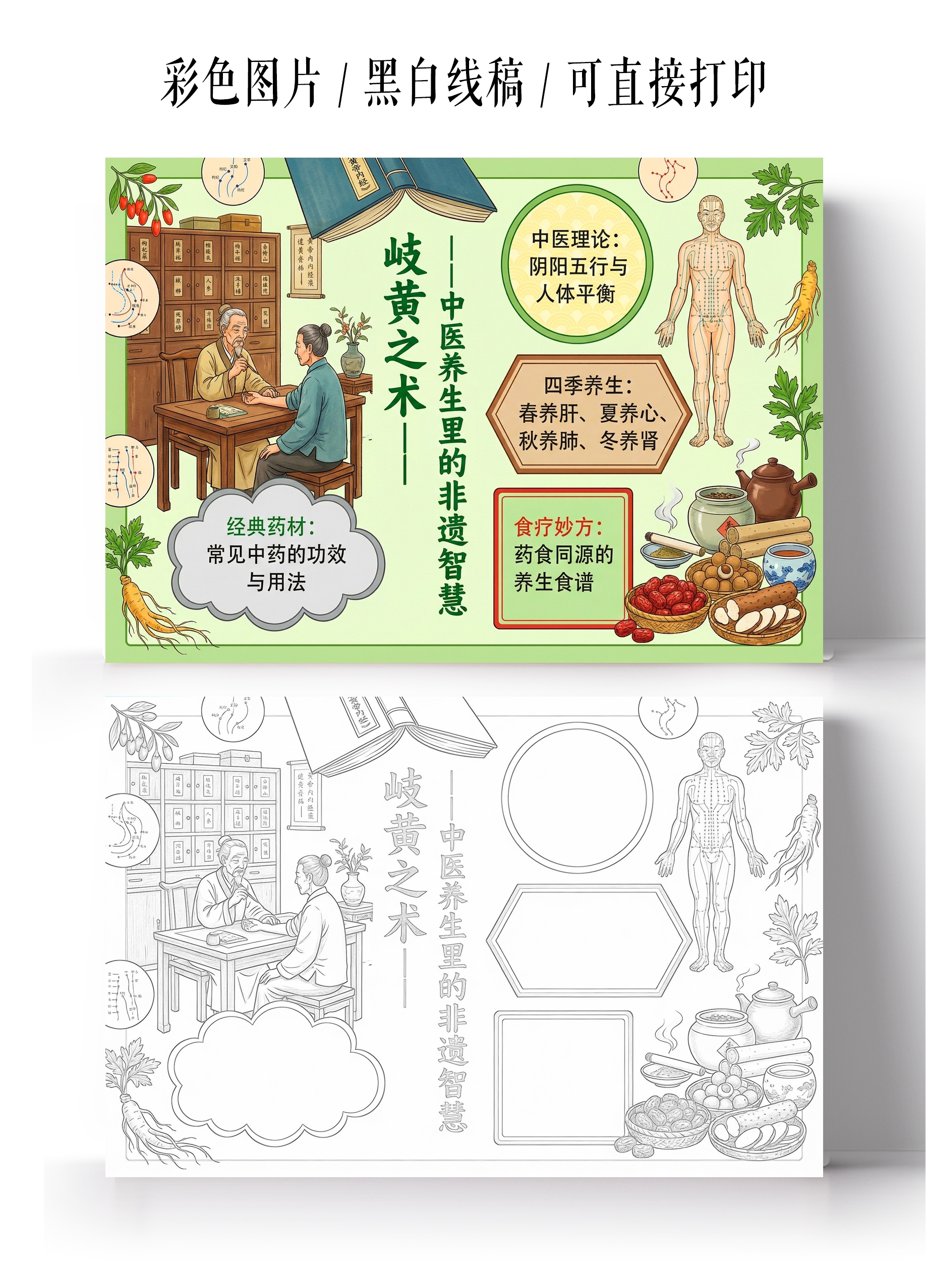 彩色卡通手绘中医养生里的非遗智慧小报手抄报